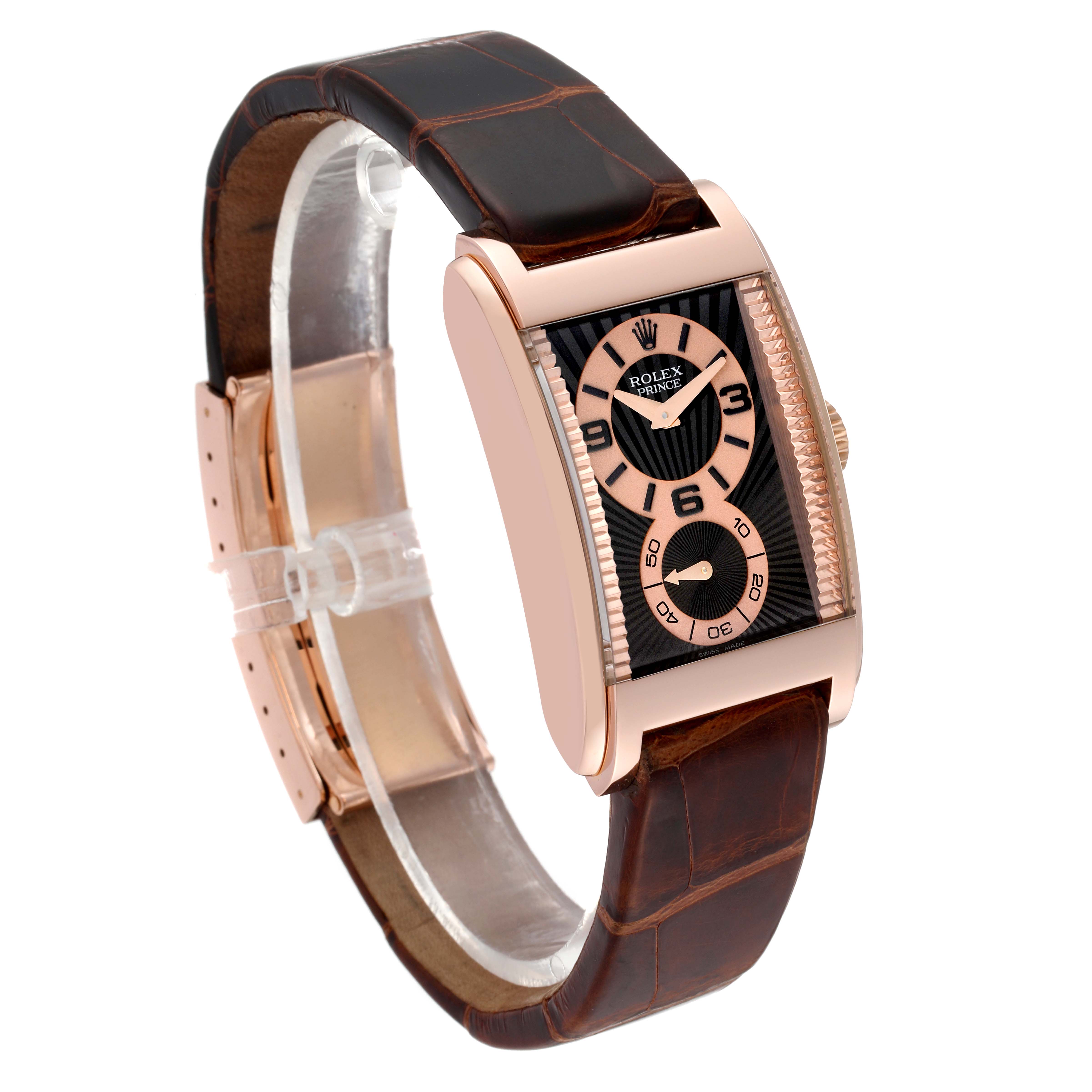 The image shows a Rolex Cellini 5442/5 Men's Rose Gold Black Dial 5442/5 Men's Rose Gold Black Dial watch at an angled side view, highlighting its leather strap and rectangular case with detailed dial.