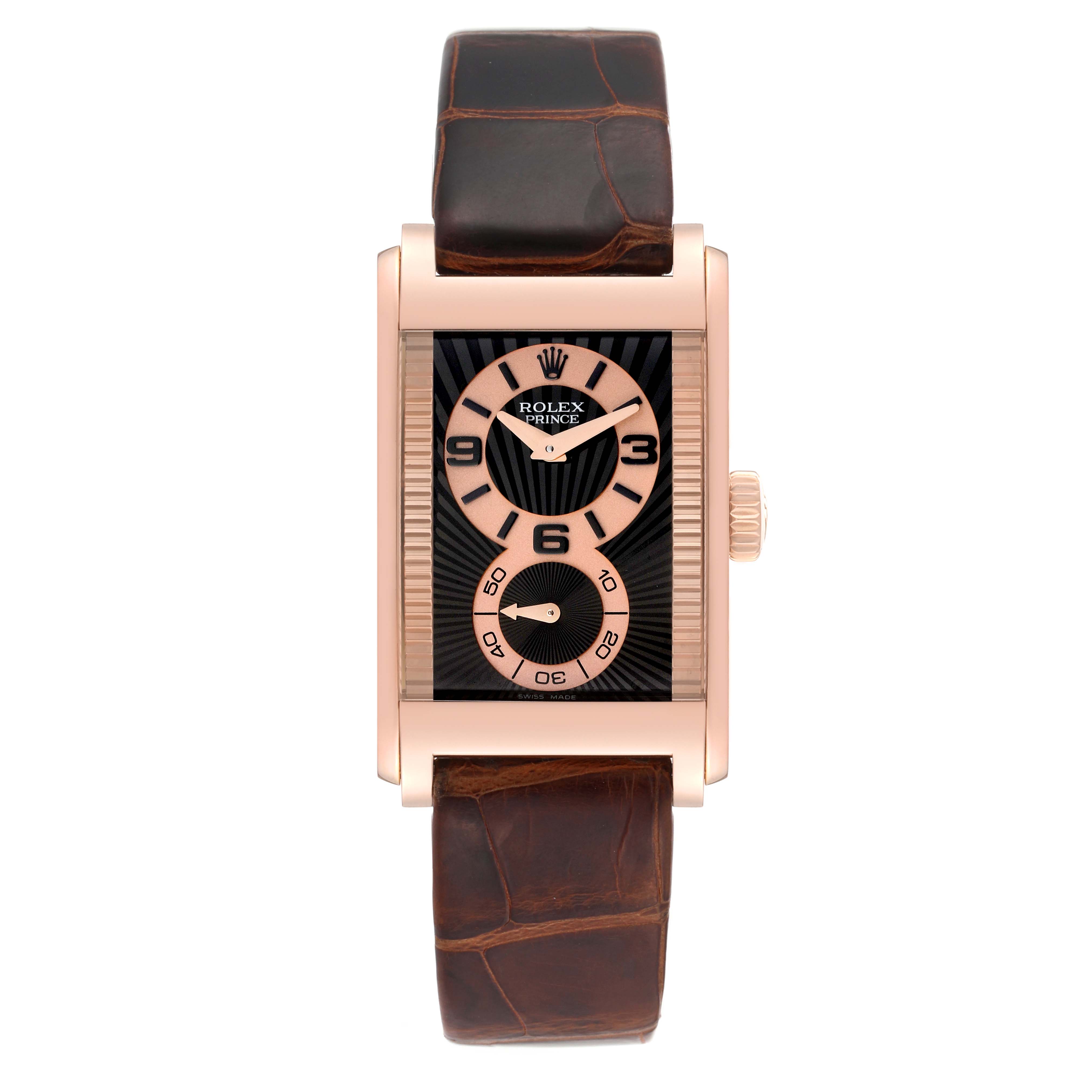 The image shows a front view of a Rolex Cellini 5442/5 Men's Rose Gold Black Dial 5442/5 Men's Rose Gold Black Dial Prince watch, highlighting its rectangular dial and brown leather strap.