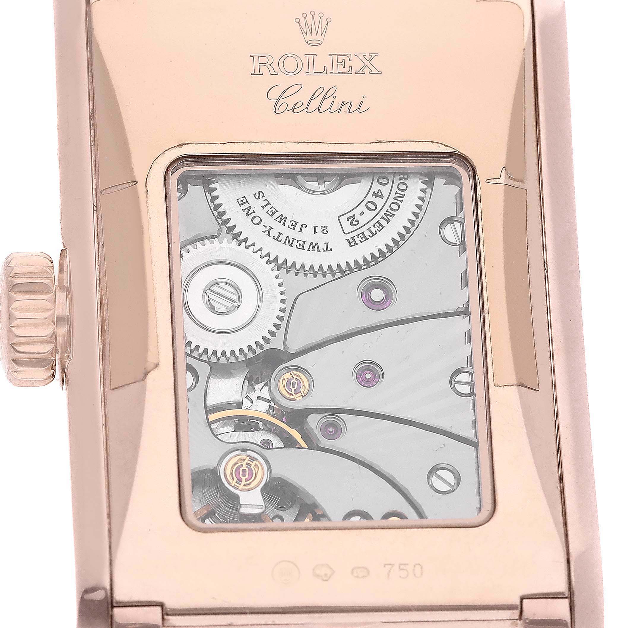 The image shows the back view of the Rolex Cellini 5442/5 Men's Rose Gold Black Dial 5442/5 Men's Rose Gold Black Dial watch, revealing its intricate inner mechanics.
