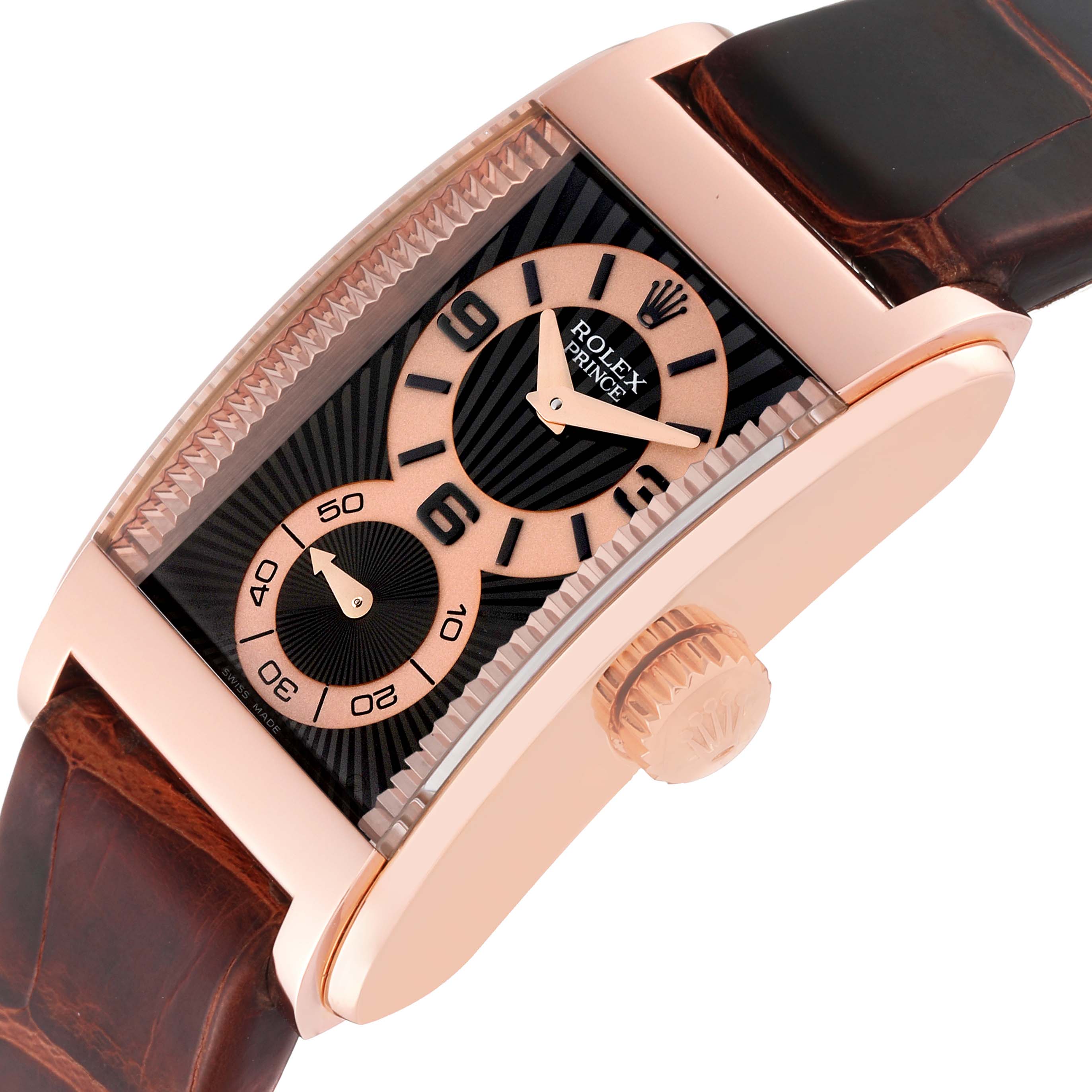 The image shows a close-up of the Rolex Cellini 5442/5 Men's Rose Gold Black Dial 5442/5 Men's Rose Gold Black Dial Prince watch's dial, crown, and leather strap at an angle.