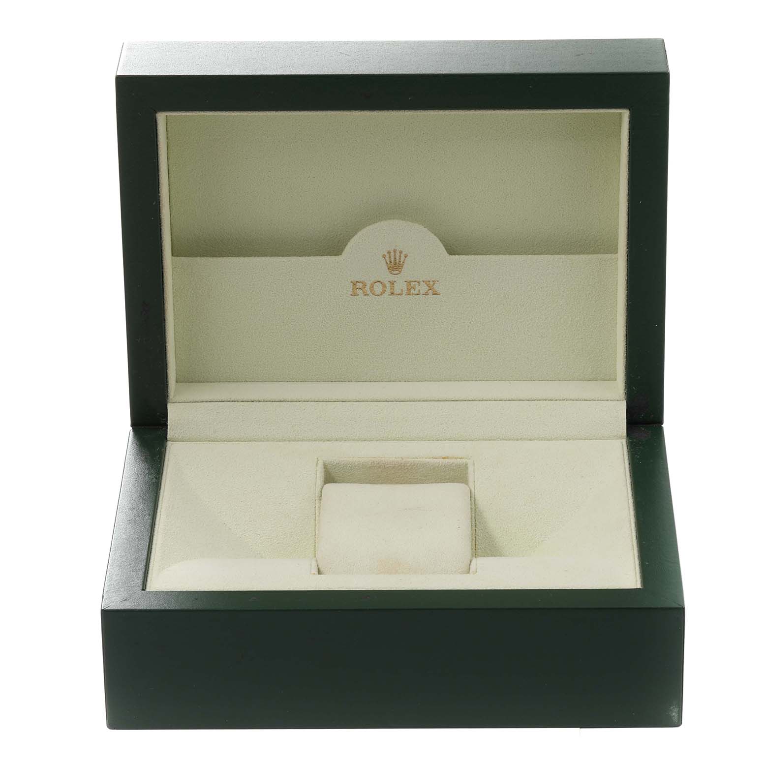 This image shows an open, empty watch box for a Rolex Cellini 5442/5 Men's Rose Gold Black Dial 5442/5 Men's Rose Gold Black Dial model, viewed from the front.