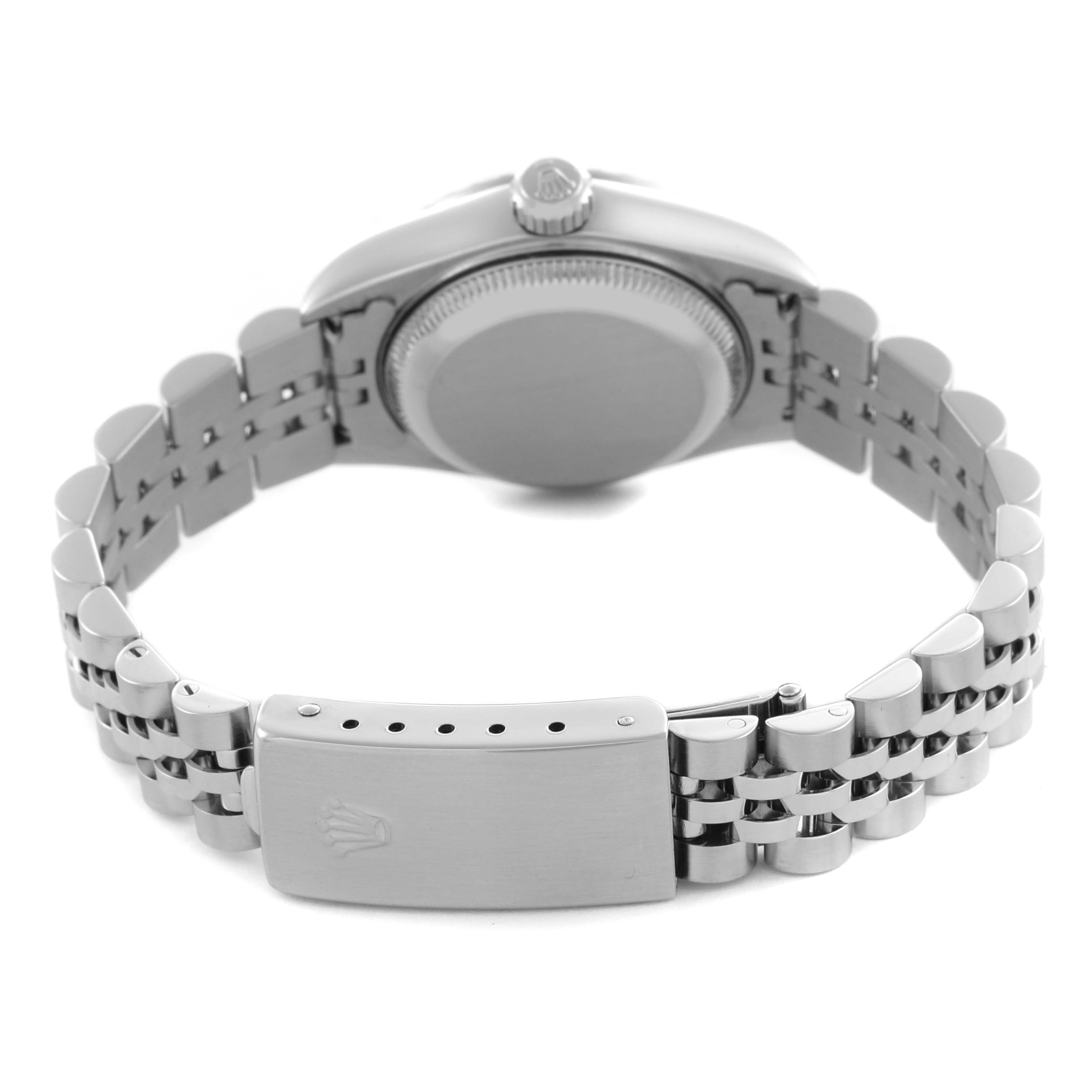 The Rolex Date 79240 Women's Stainless Steel Blue Dial 79240 Women's Stainless Steel Blue Dial watch is shown from the back, displaying the clasp, bracelet, case back, and crown.