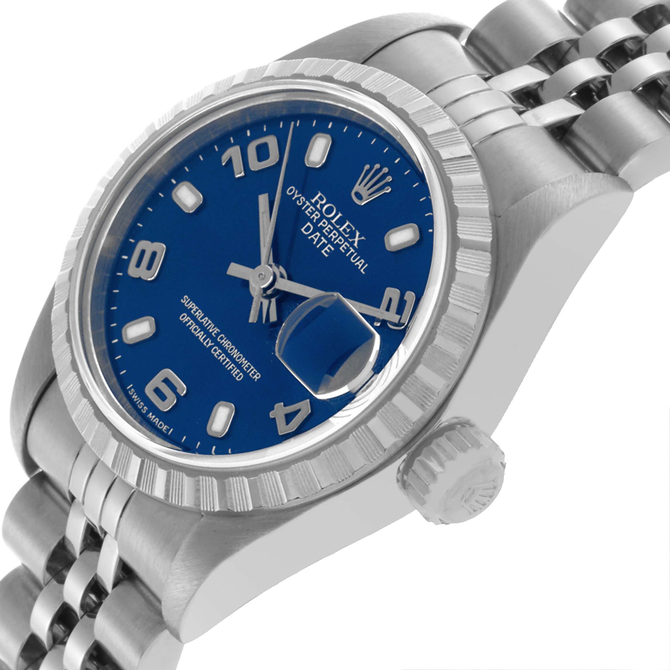 The image shows a Rolex Date 79240 Women's Stainless Steel Blue Dial 79240 Women's Stainless Steel Blue Dial watch at an angled view, highlighting the blue dial, fluted bezel, crown, and jubilee bracelet.