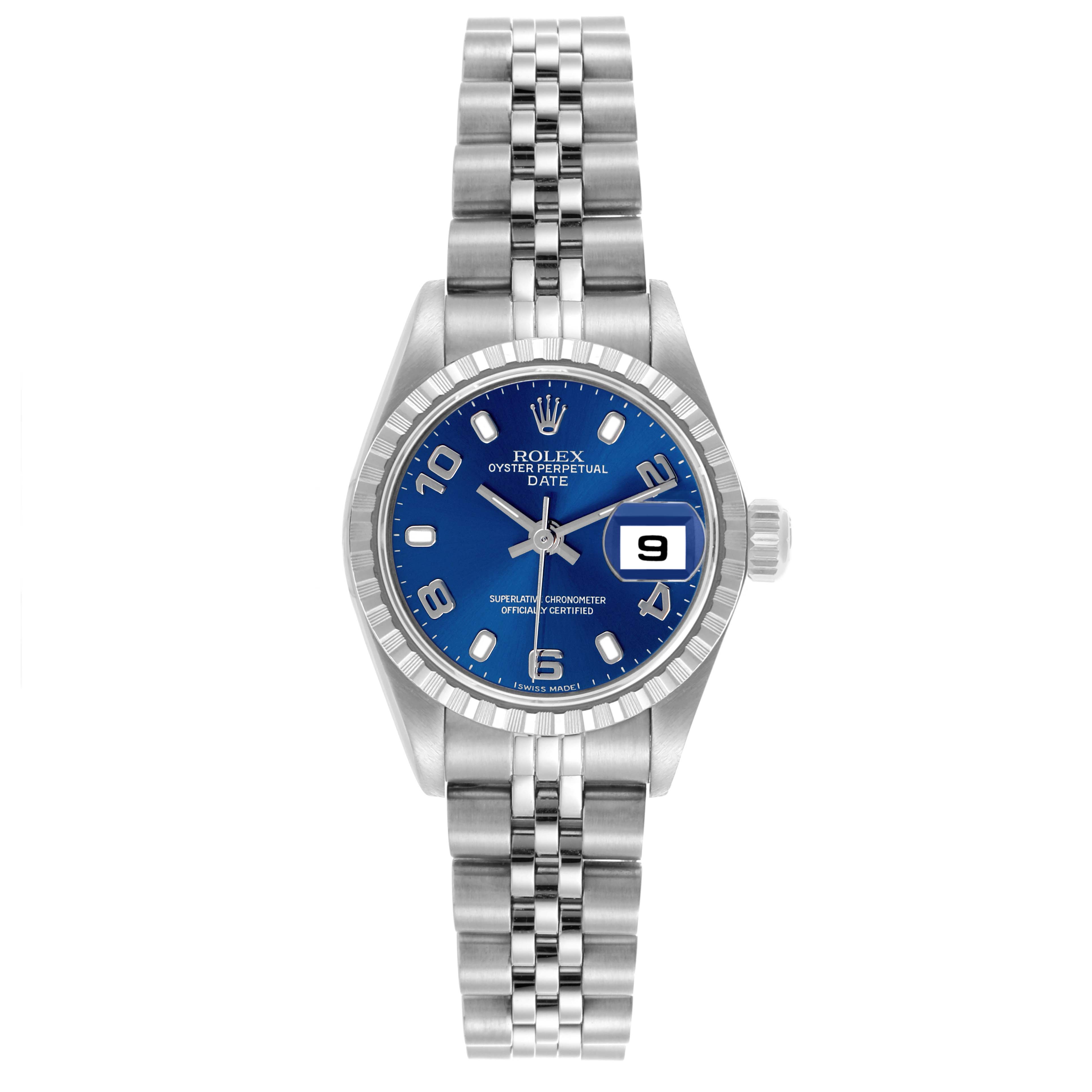The Rolex Date 79240 Women's Stainless Steel Blue Dial 79240 Women's Stainless Steel Blue Dial model watch is shown from a direct top view, displaying its blue dial, bezel, bracelet, and date window.