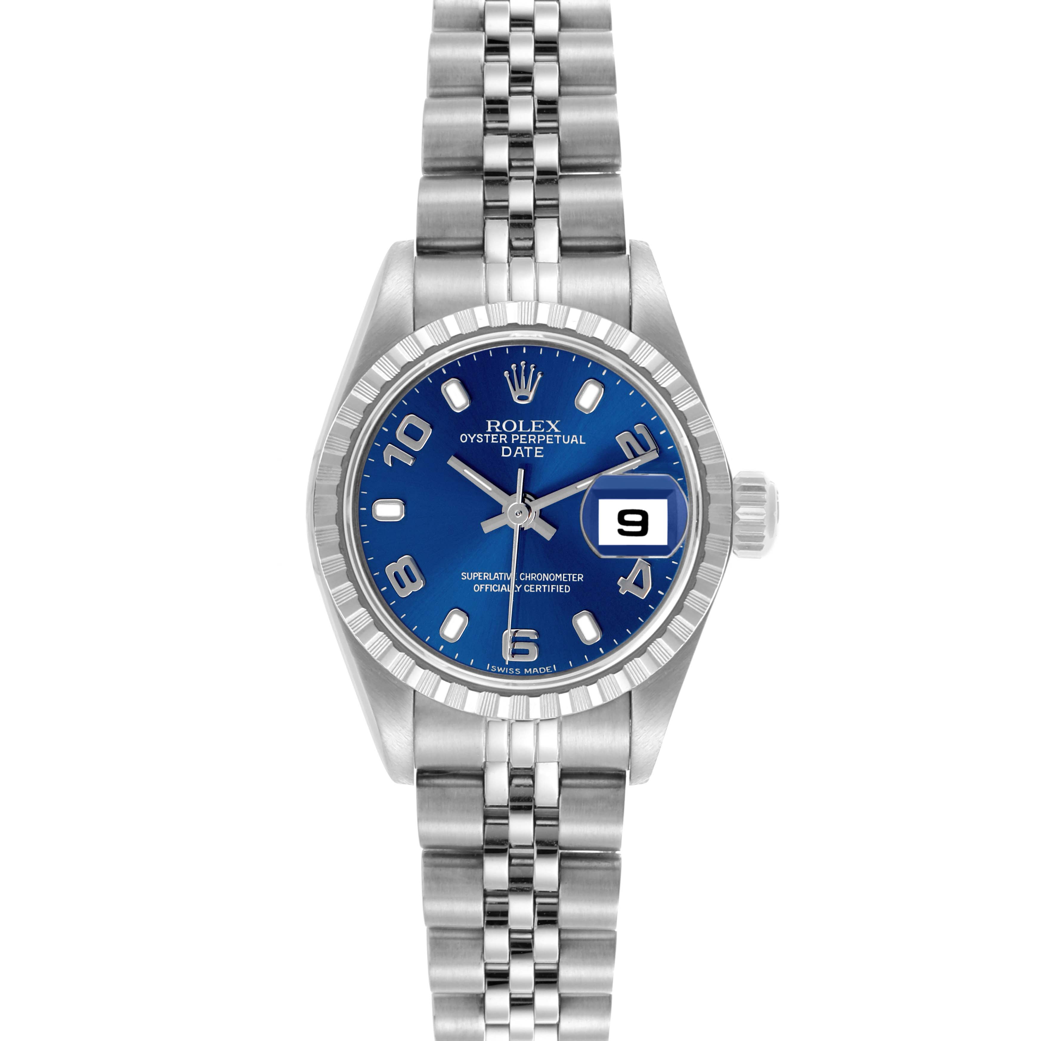 The Rolex Date 79240 Women's Stainless Steel Blue Dial 79240 Women's Stainless Steel Blue Dial watch is shown from the front, highlighting its blue dial, fluted bezel, date window, and Jubilee bracelet.