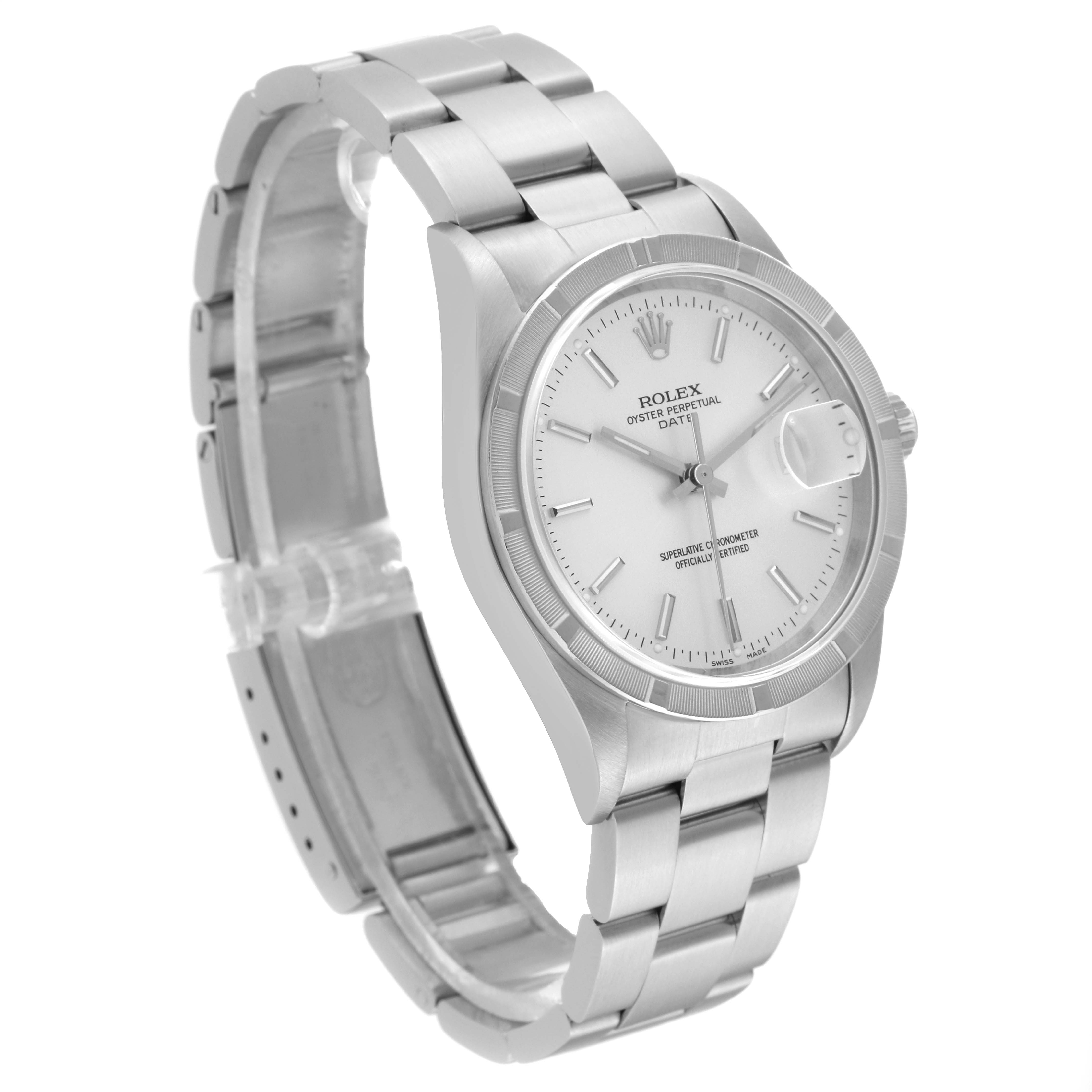 The image shows a Rolex Date 15210 Men
s Stainless Steel Silver Dial 15210 Men
s Stainless Steel Silver Dial model watch angled to display its face, case, and partially open bracelet.