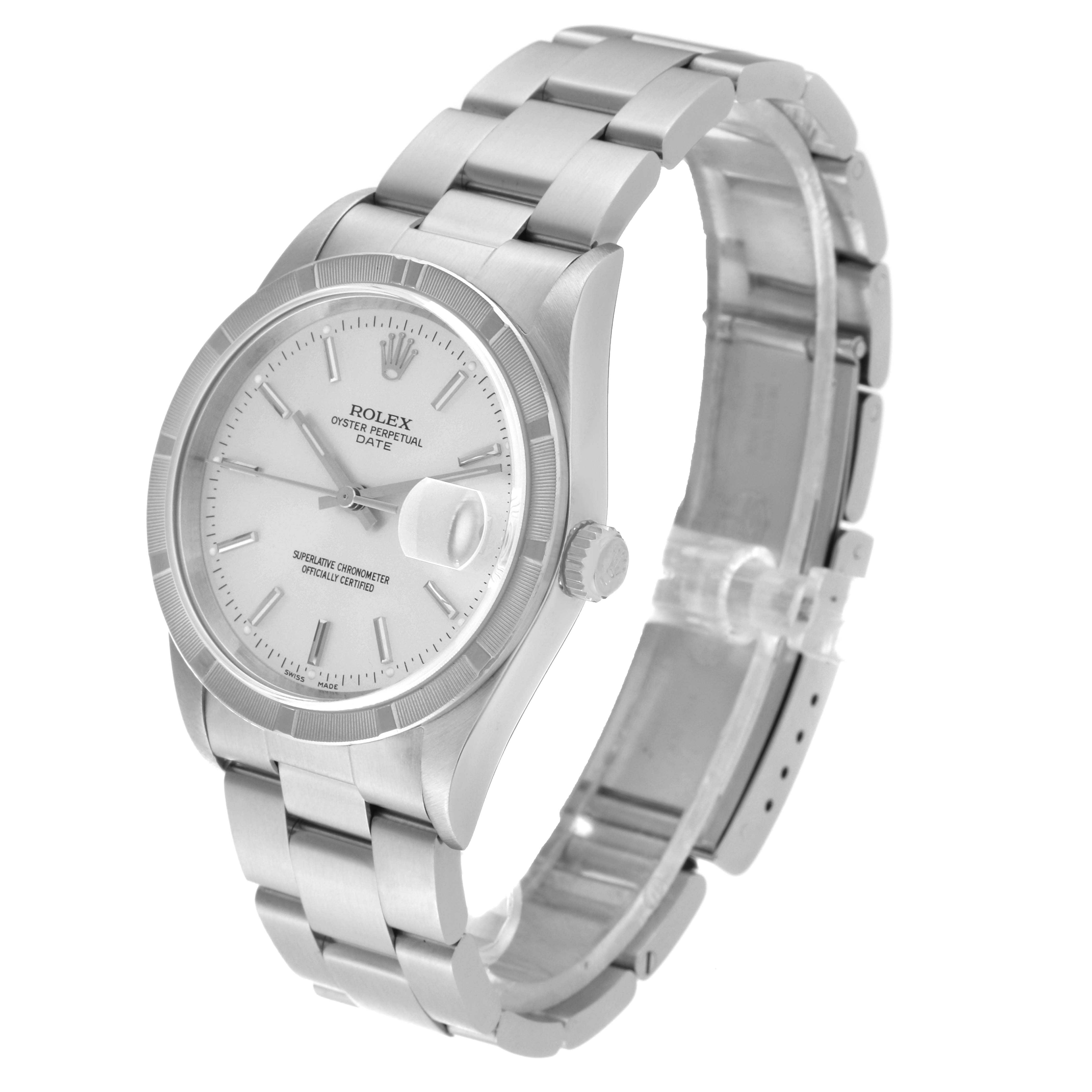Angled view of a Rolex Date 15210 Men
s Stainless Steel Silver Dial 15210 Men
s Stainless Steel Silver Dial model watch showing the face, bezel, crown, and stainless steel bracelet.