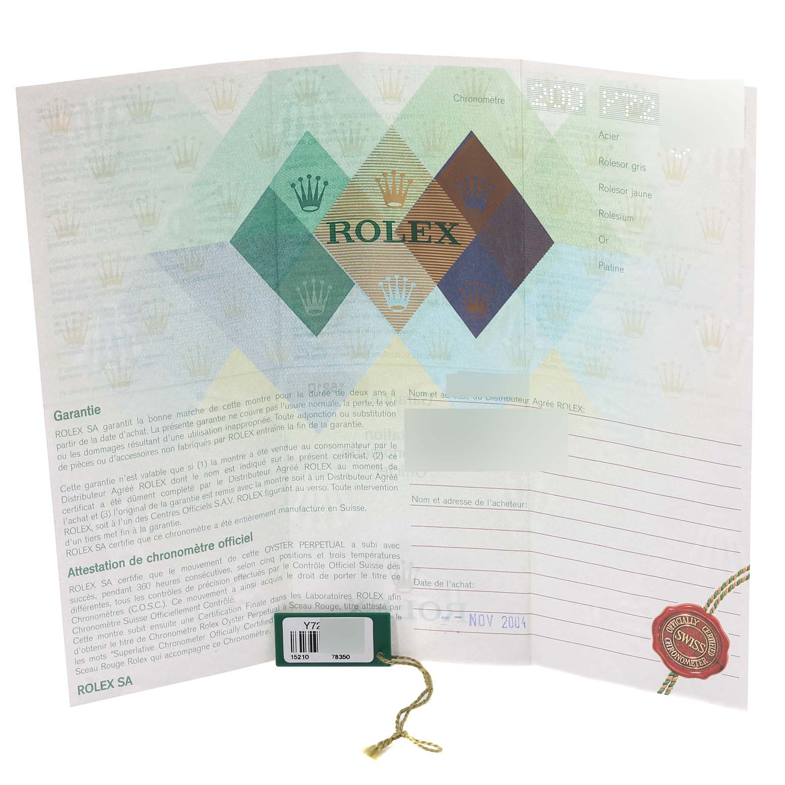 The image shows a guarantee certificate for a Rolex Date 15210 Men
s Stainless Steel Silver Dial 15210 Men
s Stainless Steel Silver Dial model watch.