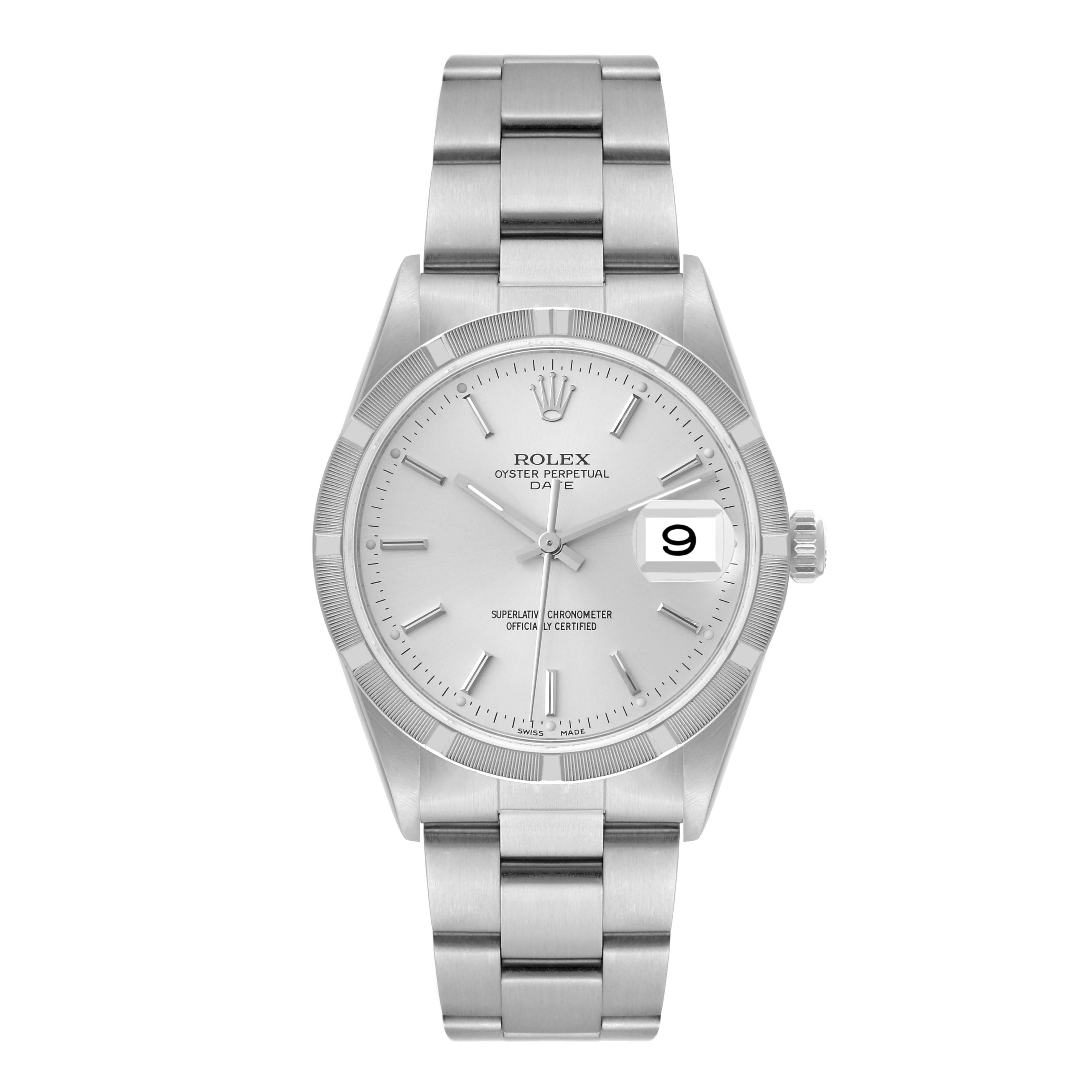 This image shows a front view of a Rolex Date 15210 Men
s Stainless Steel Silver Dial 15210 Men
s Stainless Steel Silver Dial model watch, displaying its face, bracelet, and clasp.