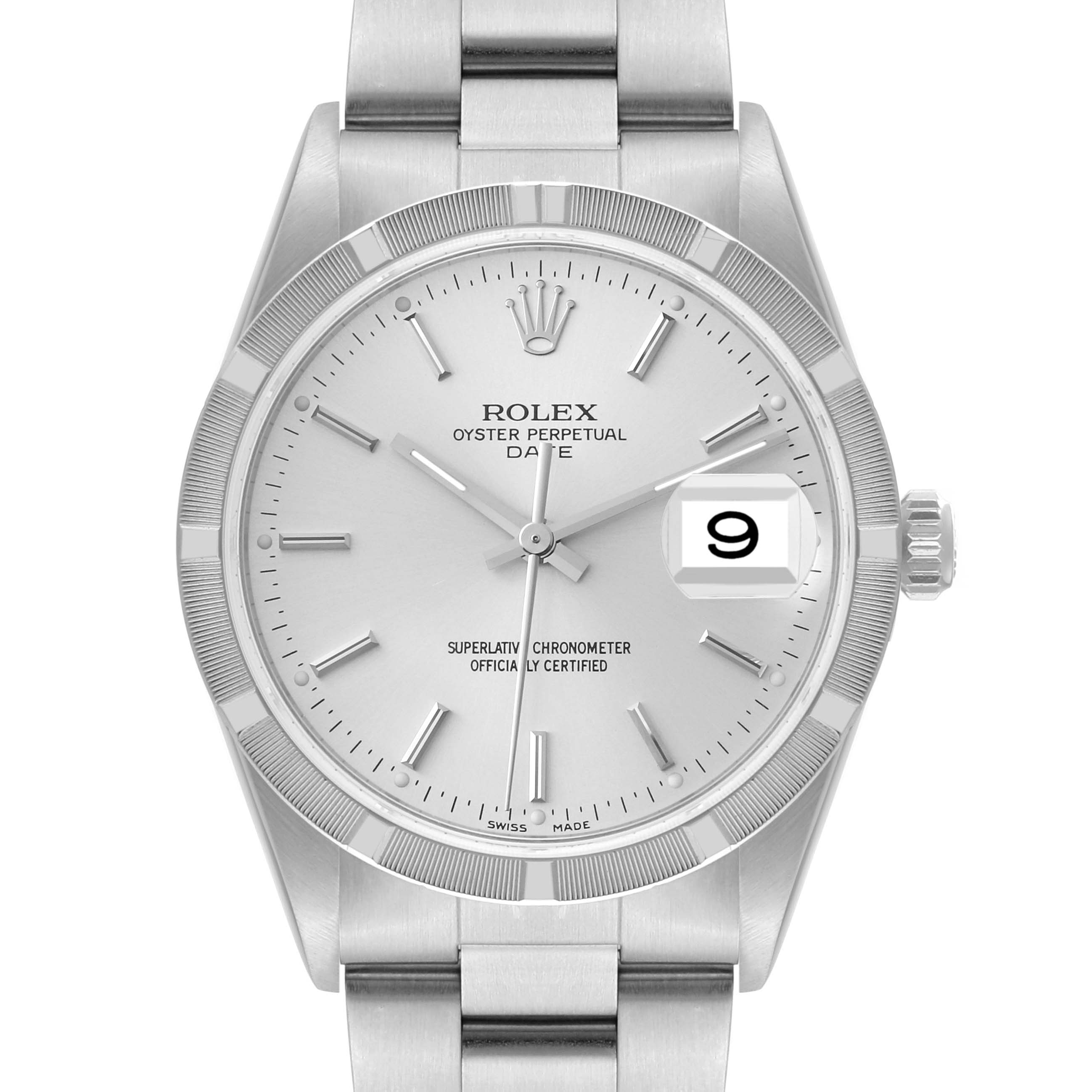 This image shows a frontal view of the Rolex Date 15210 Men
s Stainless Steel Silver Dial 15210 Men
s Stainless Steel Silver Dial model, displaying the dial, hands, hour markers, and date window.