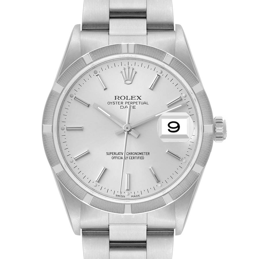 Rolex Date Silver Dial Engine Turned Bezel Steel Mens Watch 15210 Papers SwissWatchExpo
