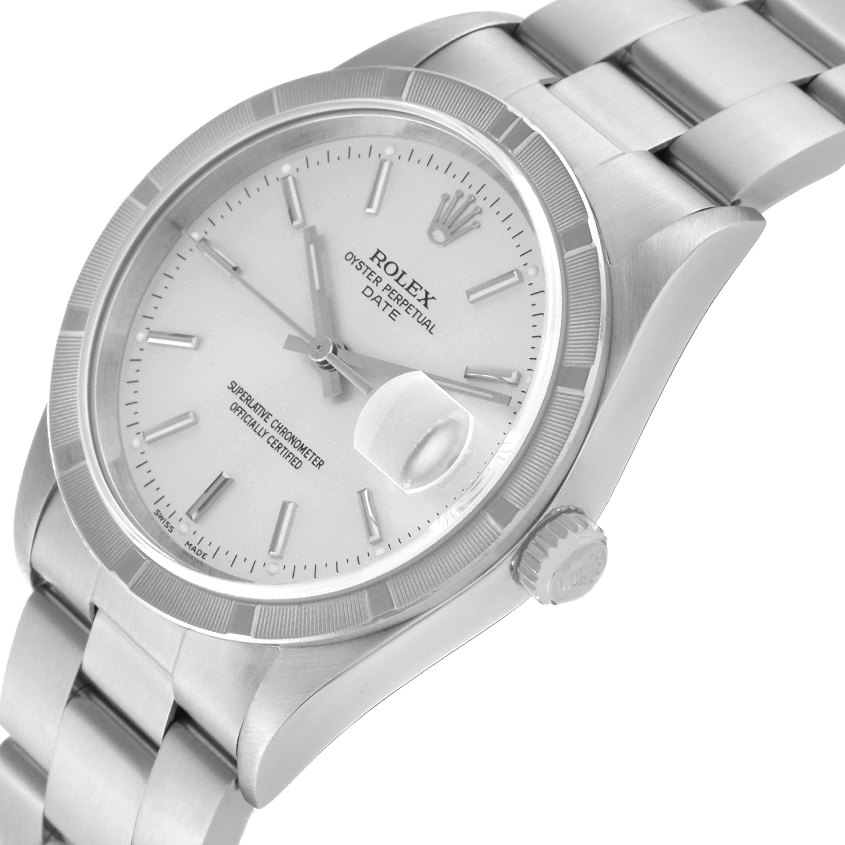 The image shows an angled side view of a Rolex Date 15210 Men
s Stainless Steel Silver Dial 15210 Men
s Stainless Steel Silver Dial model watch, highlighting the face, bezel, bracelet, and crown.