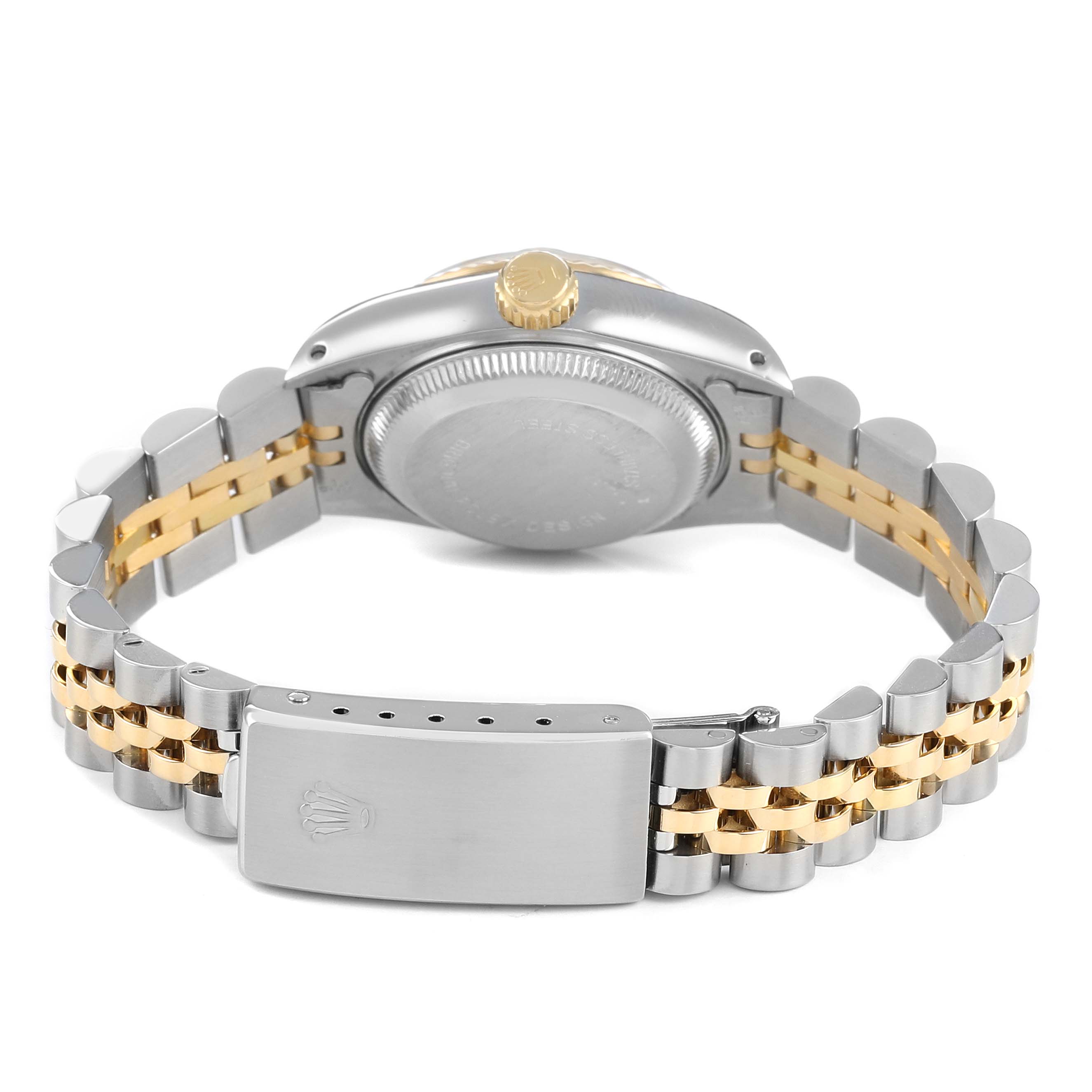 The image shows the back view of a Rolex Datejust 69173 Women's Steel and Gold (two tone) Champagne Dial, focusing on the clasp, bracelet, and case back.