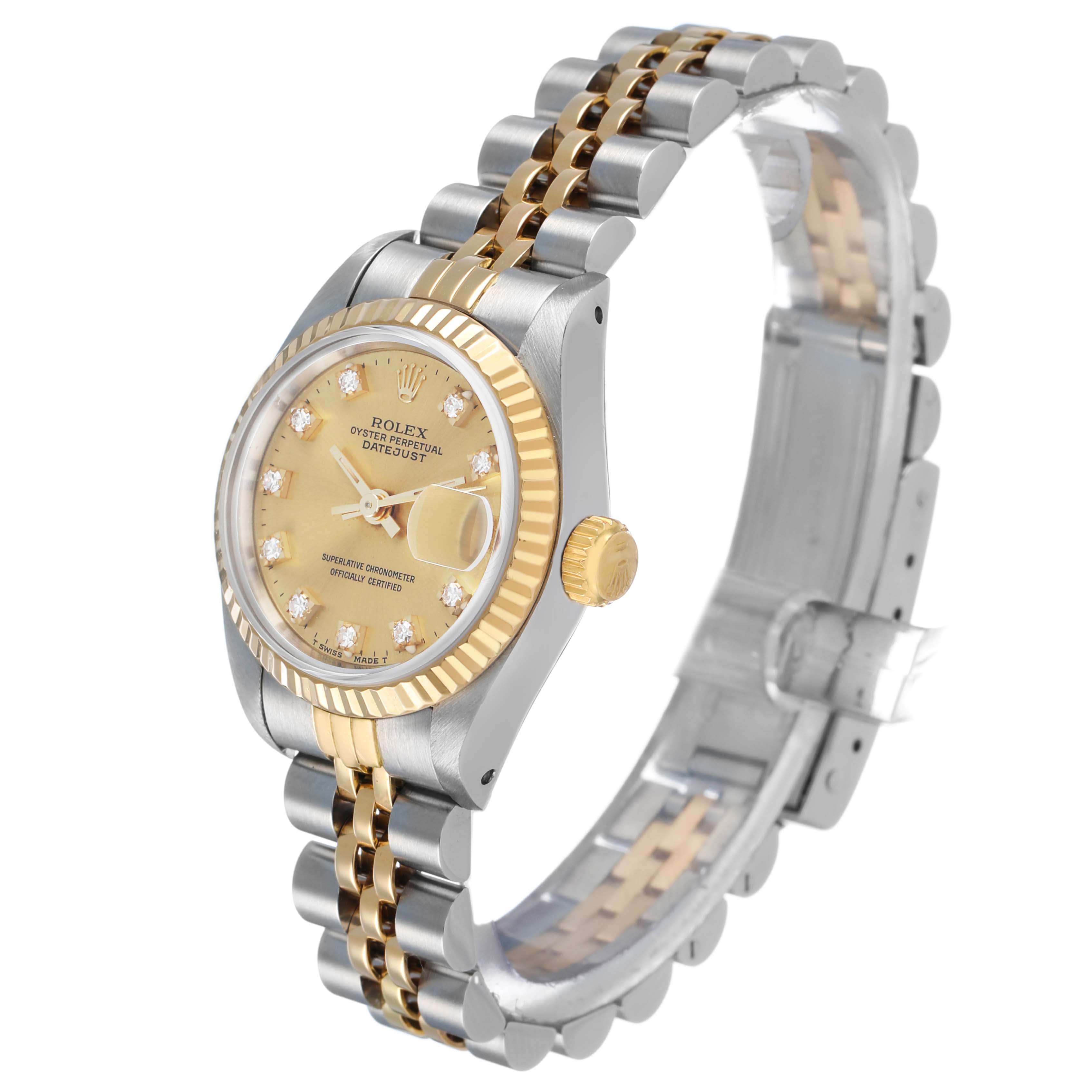 The Rolex Datejust 69173 Women's Steel and Gold (two tone) Champagne Dial is shown at an angle highlighting the dial, bezel, crown, and part of the jubilee bracelet.