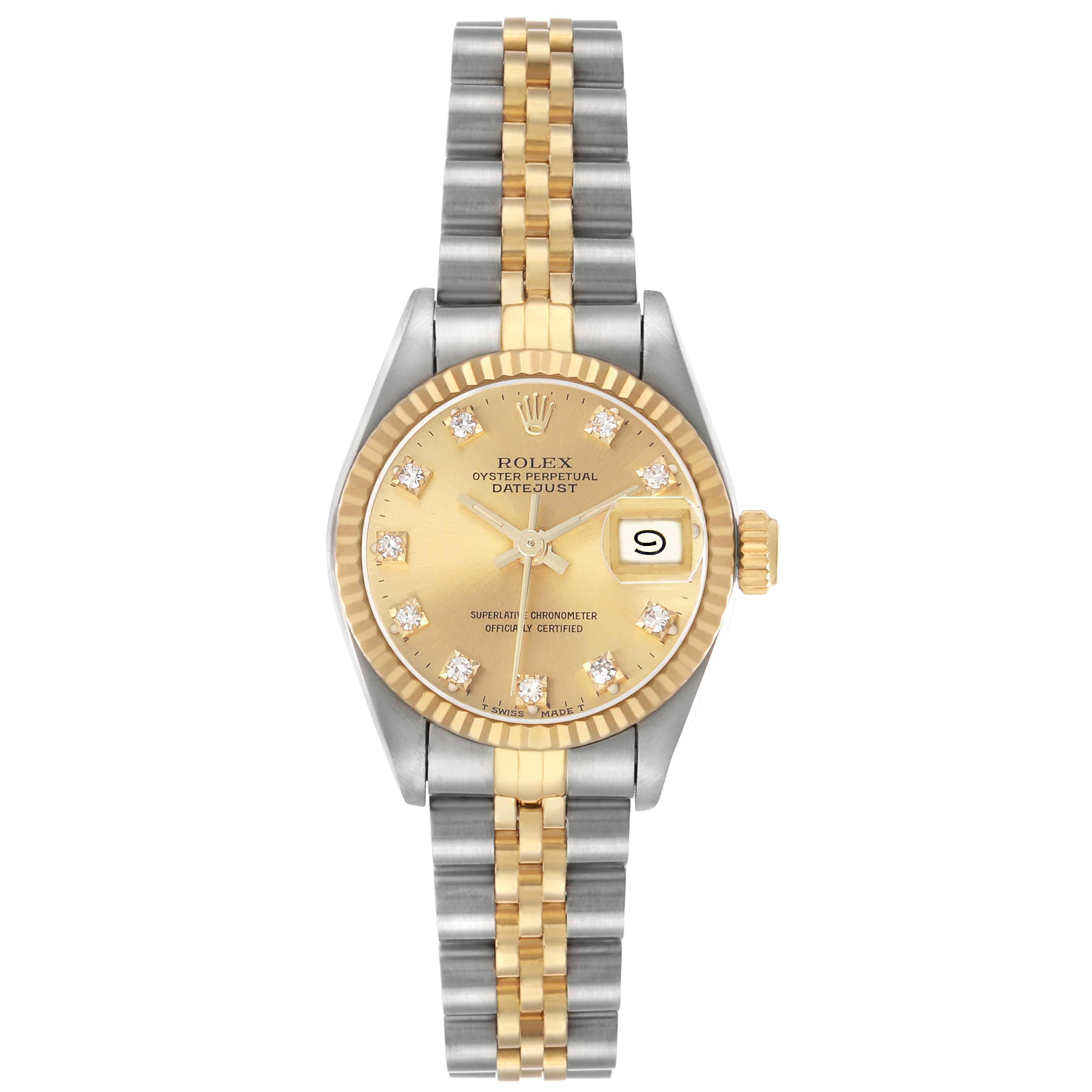 The Rolex Datejust 69173 Women's Steel and Gold (two tone) Champagne Dial watch is shown from the front, displaying the dial, bezel, crown, and bracelet.