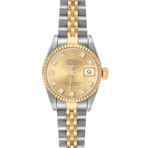 The Rolex Datejust 69173 Women's Steel and Gold (two tone) Champagne Dial watch is shown from a front angle, highlighting its gold dial, diamond markers, and two-tone Jubilee bracelet.