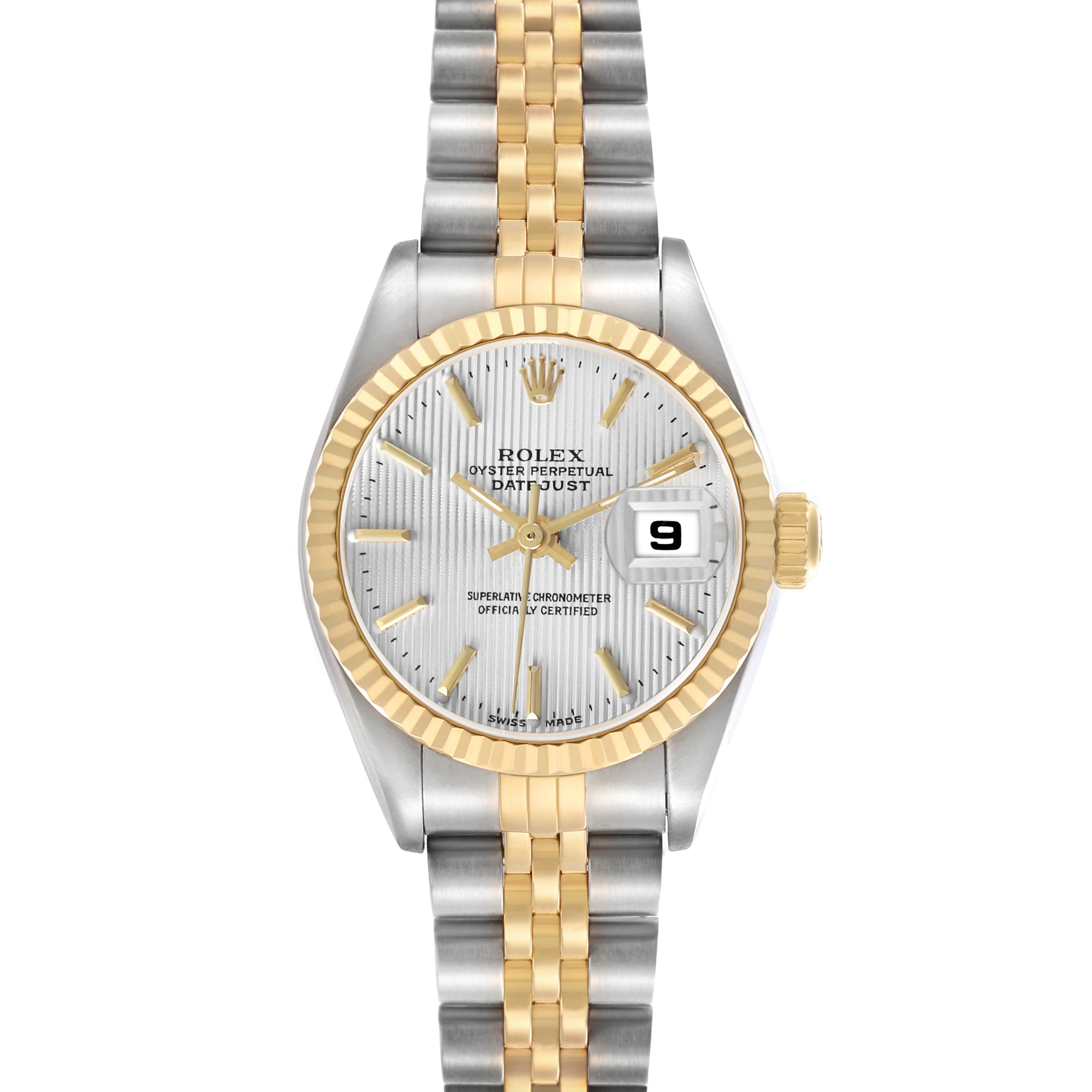 The Rolex Datejust 79173 Women's Steel and Gold (two tone) Silver Dial watch is shown from a front view, highlighting the dial, bezel, and two-tone bracelet.