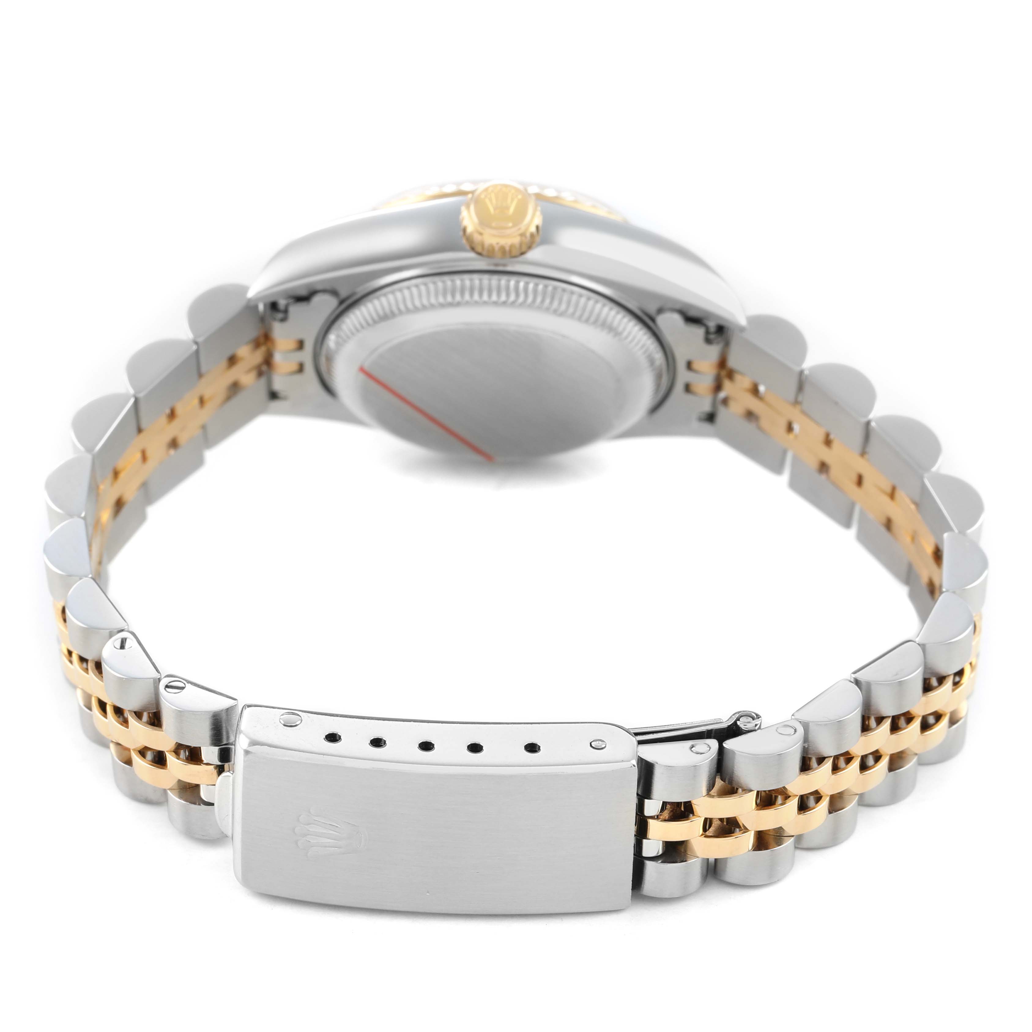 The image shows a Rolex Datejust 79173 Women's Steel and Gold (two tone) Silver Dial watch from the rear, highlighting the case back, crown, and two-tone bracelet with clasp.