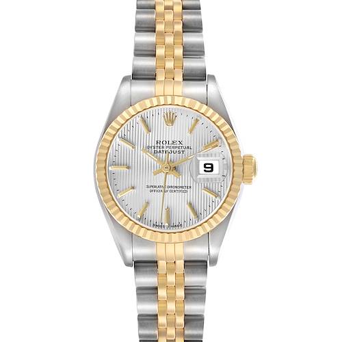 The Rolex Datejust 79173 Women's Steel and Gold (two tone) Silver Dial watch is shown from the front, highlighting its bezel, face, bracelet, and date window.