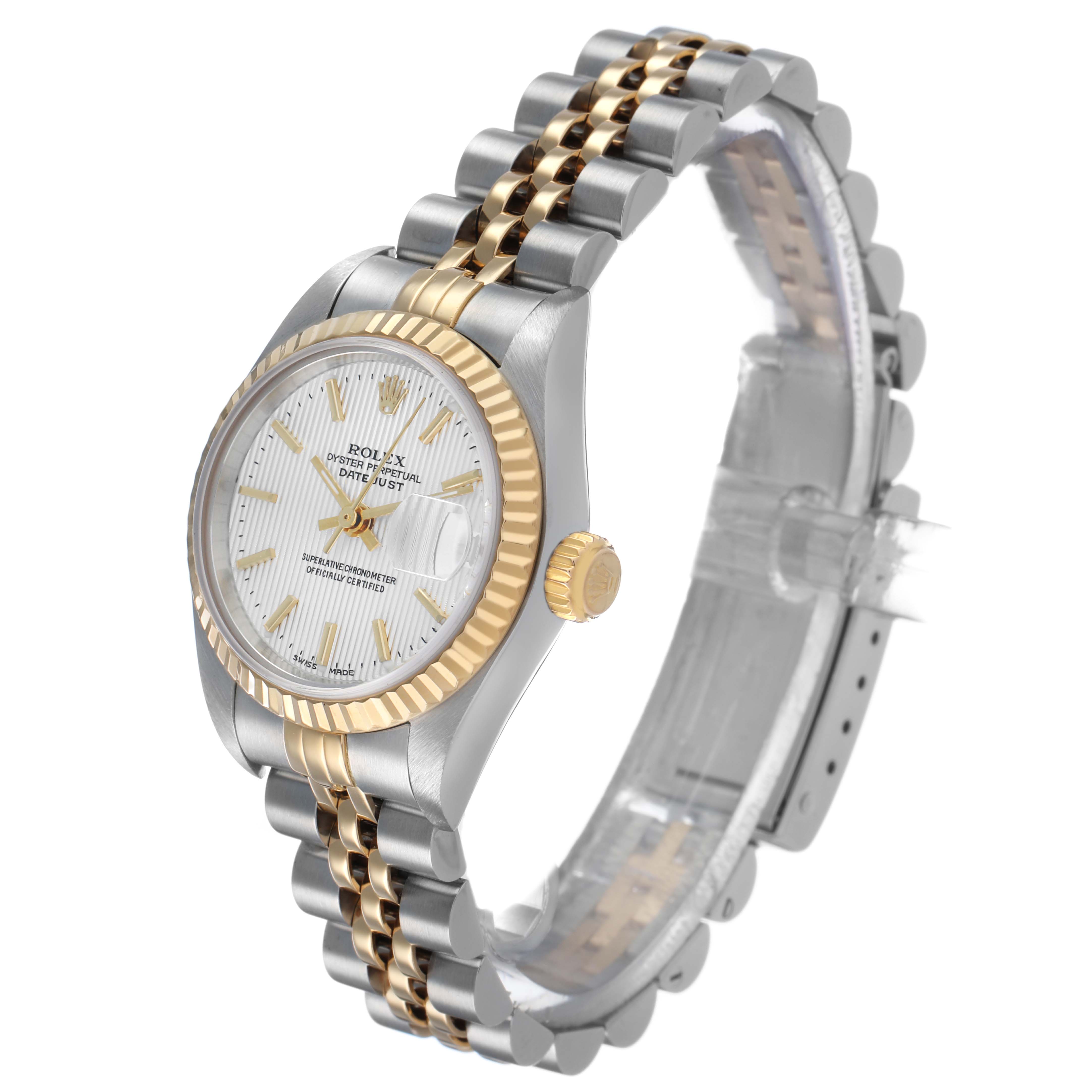 The image shows a Rolex Datejust 79173 Women's Steel and Gold (two tone) Silver Dial watch at a three-quarter angle, highlighting its dial, bezel, crown, and two-tone bracelet.
