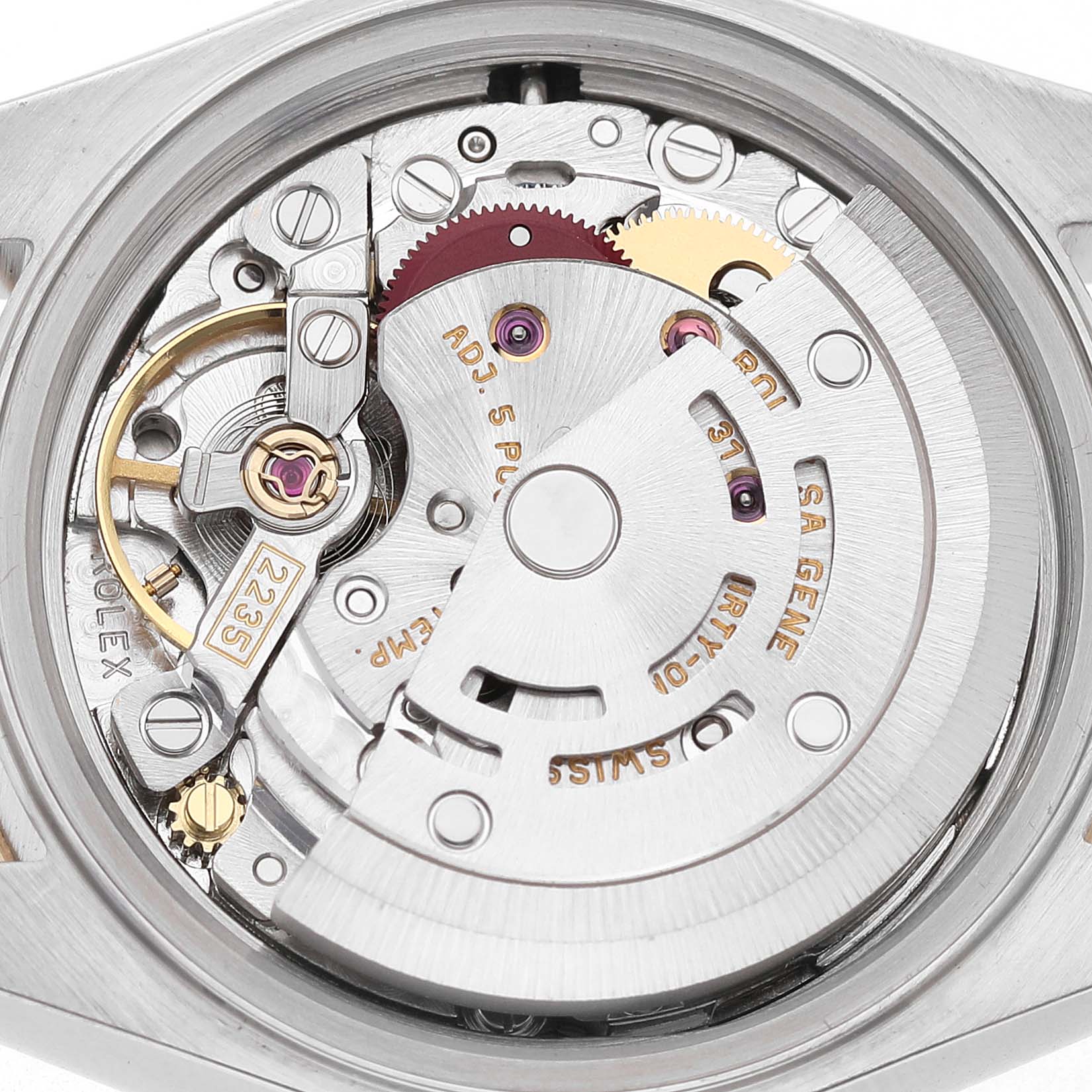 The image shows the movement of a Rolex Datejust 79173 Women's Steel and Gold (two tone) Silver Dial watch from a top-down angle, revealing internal components.