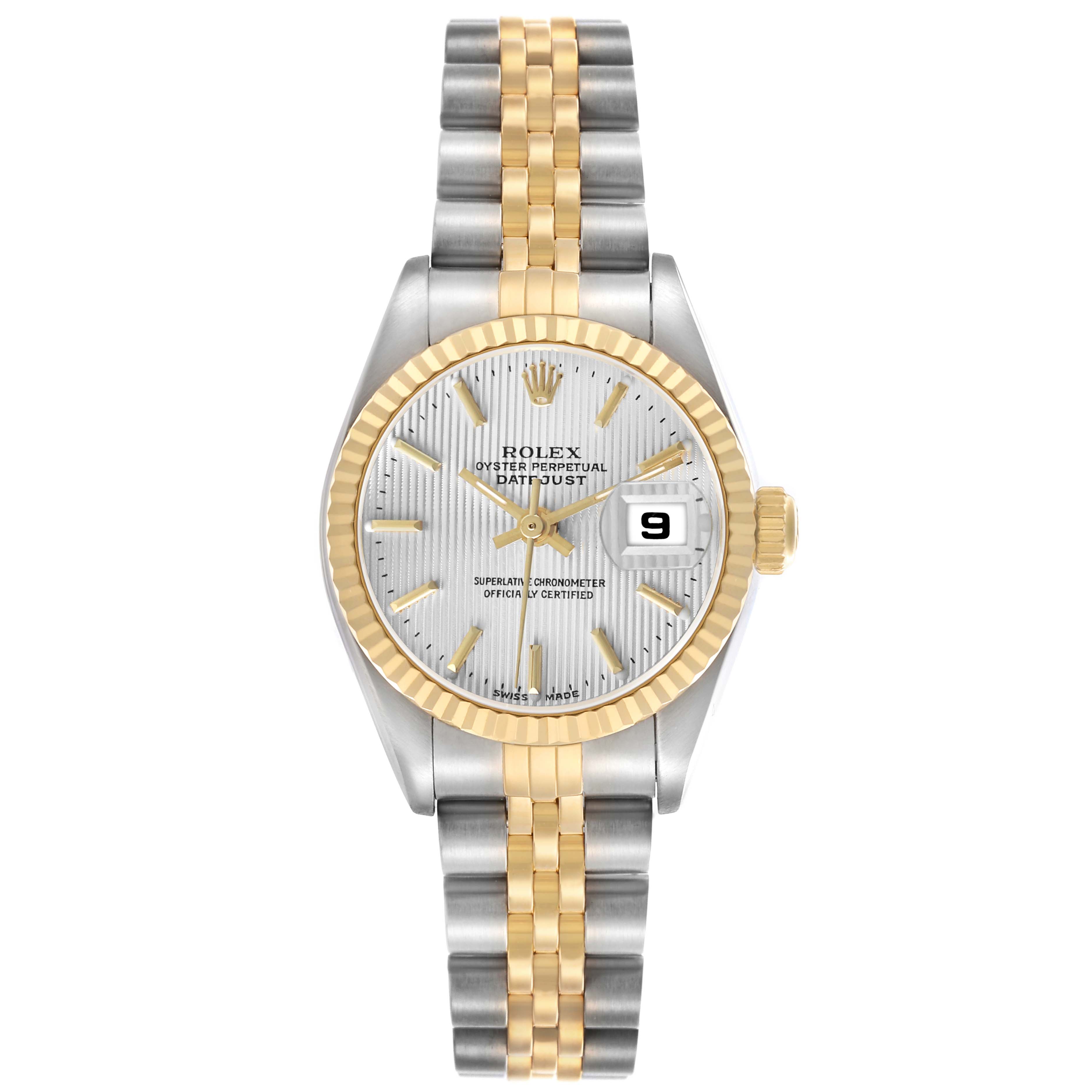 The Rolex Datejust 79173 Women's Steel and Gold (two tone) Silver Dial watch is shown from a top-down angle, highlighting the dial, bezel, and jubilee bracelet.