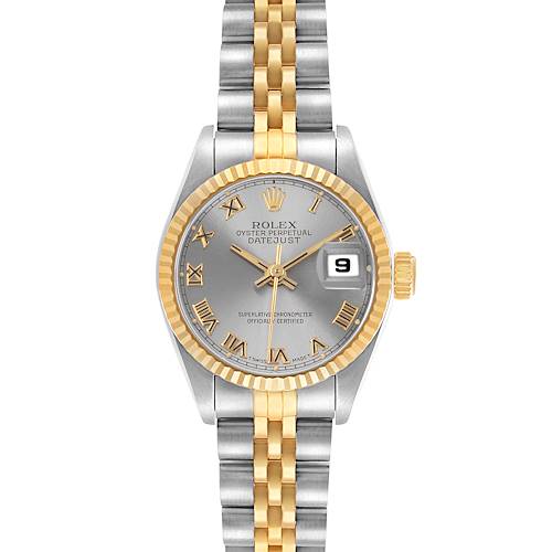 The Rolex Datejust 69173 Women's Steel and Gold (two tone) Silver Dial watch is shown from the front, displaying the dial, fluted bezel, and two-tone bracelet.