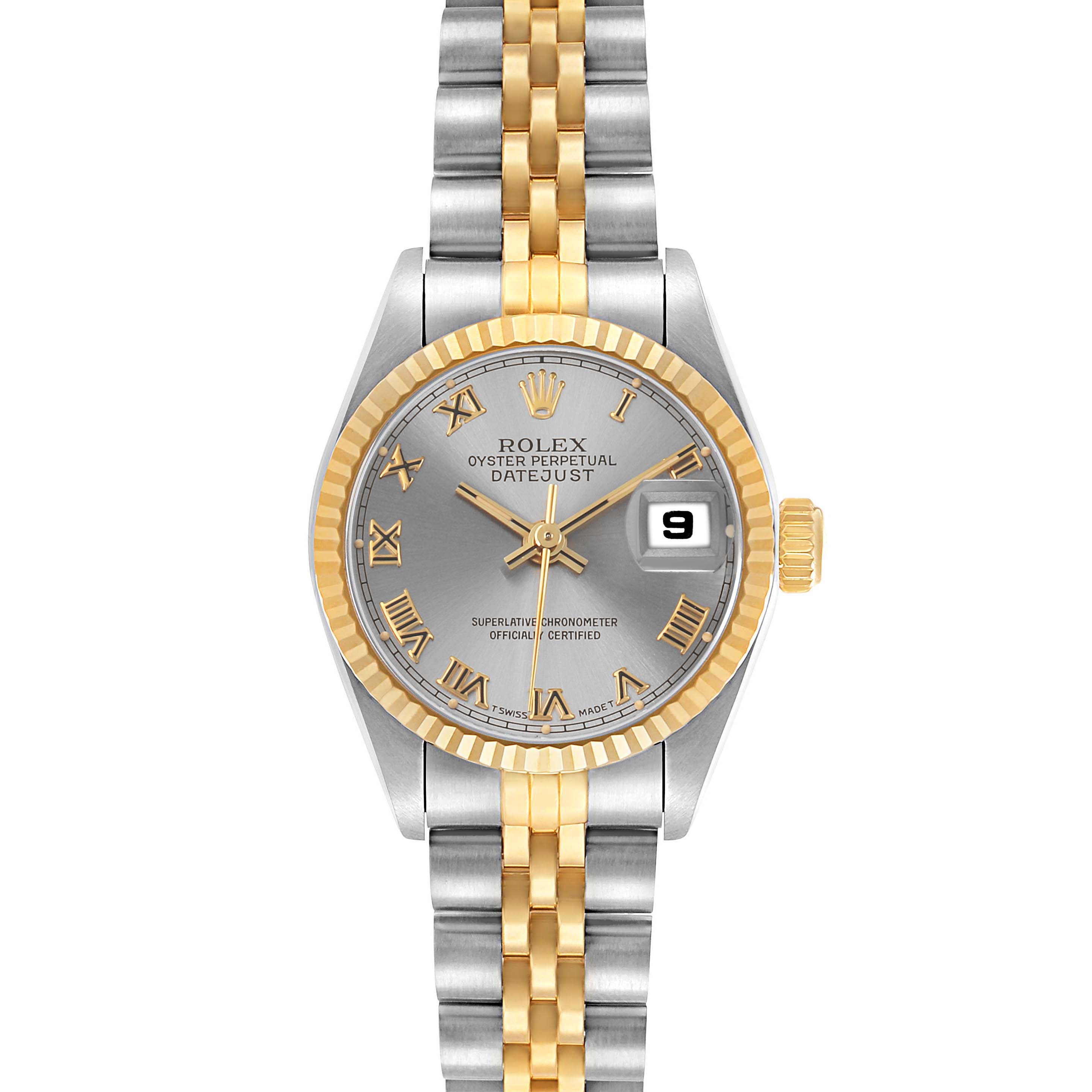 The Rolex Datejust 69173 Women's Steel and Gold (two tone) Silver Dial watch is shown from a front angle, highlighting its dial, bezel, bracelet, and date window.