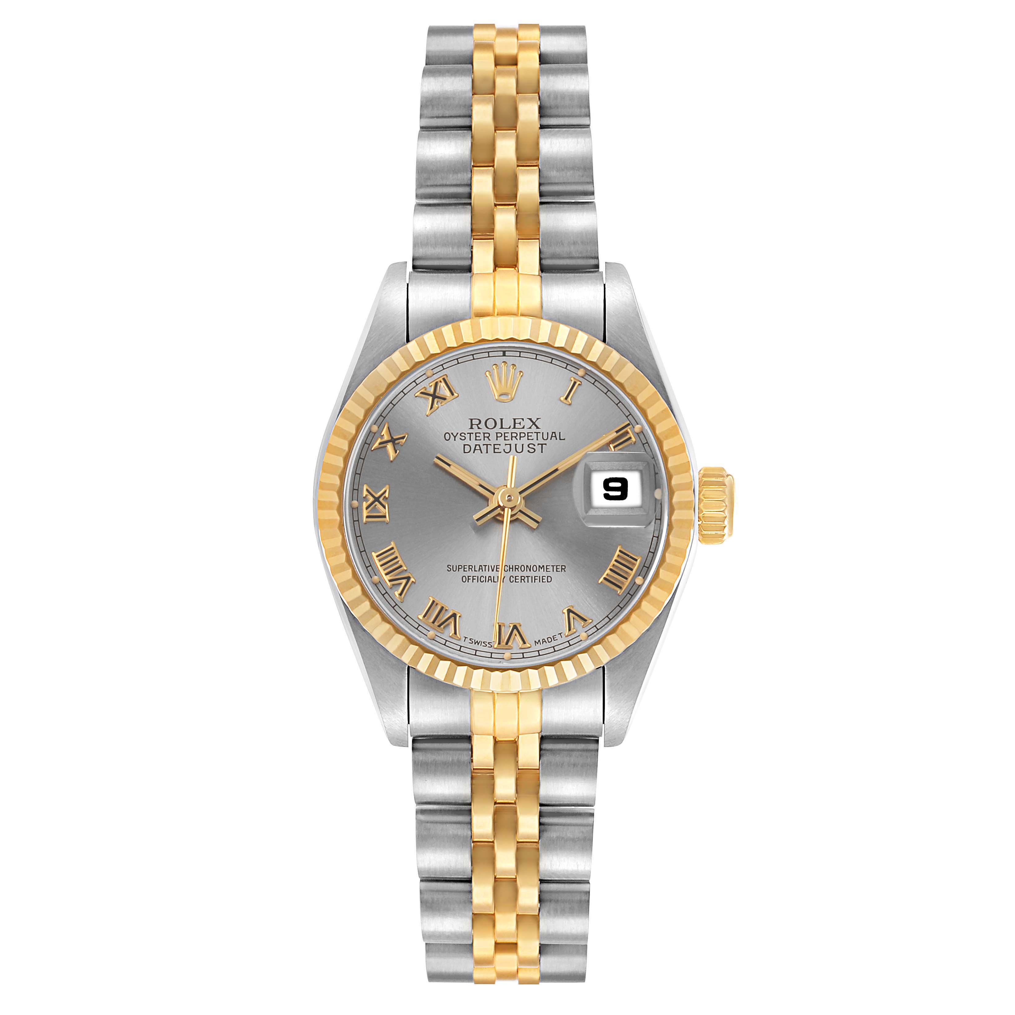 The Rolex Datejust 69173 Women's Steel and Gold (two tone) Silver Dial watch is shown from the front, highlighting its dial, bezel, and bracelet.