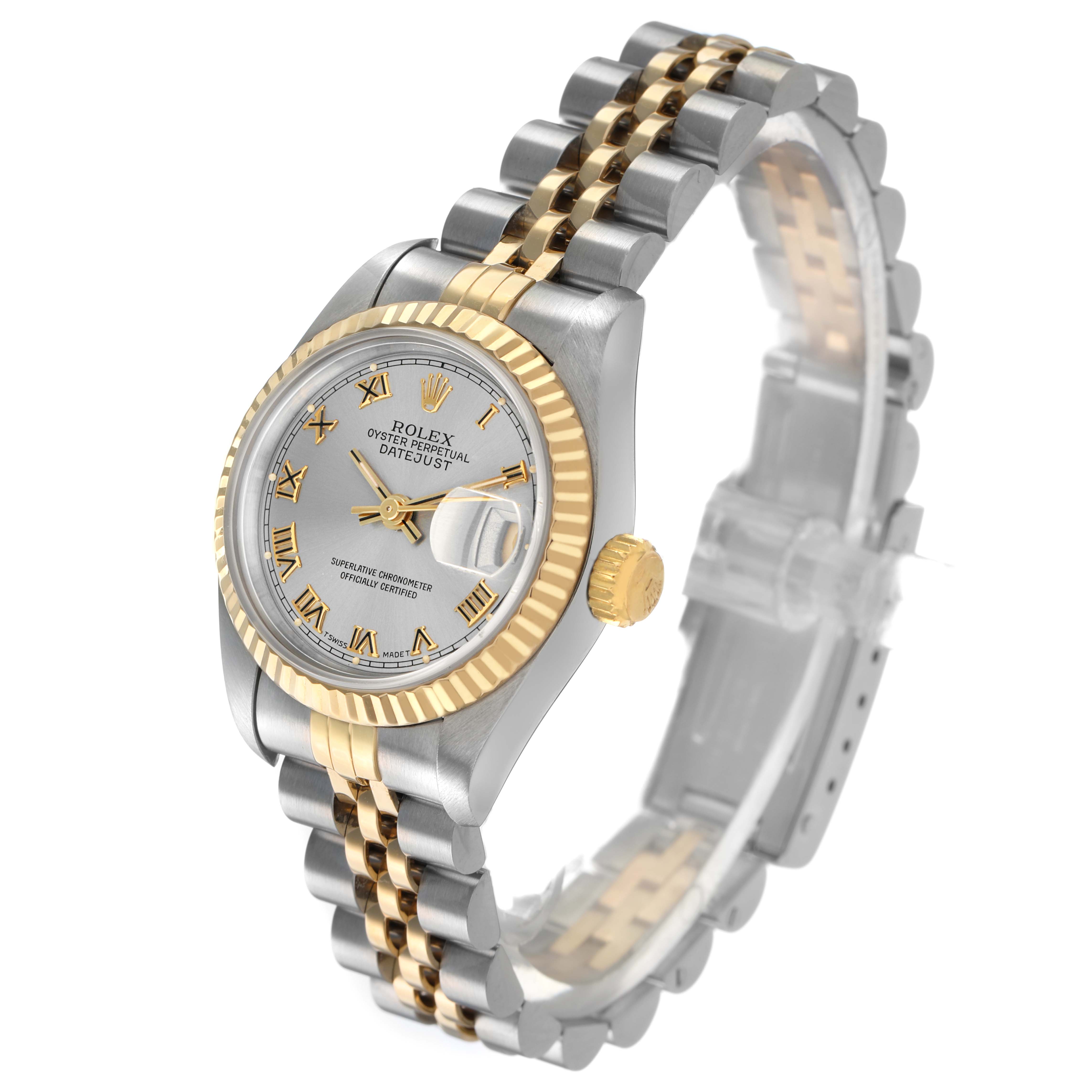 The Rolex Datejust 69173 Women's Steel and Gold (two tone) Silver Dial watch is shown at a three-quarter angle, highlighting the face, crown, bezel, and two-tone bracelet.