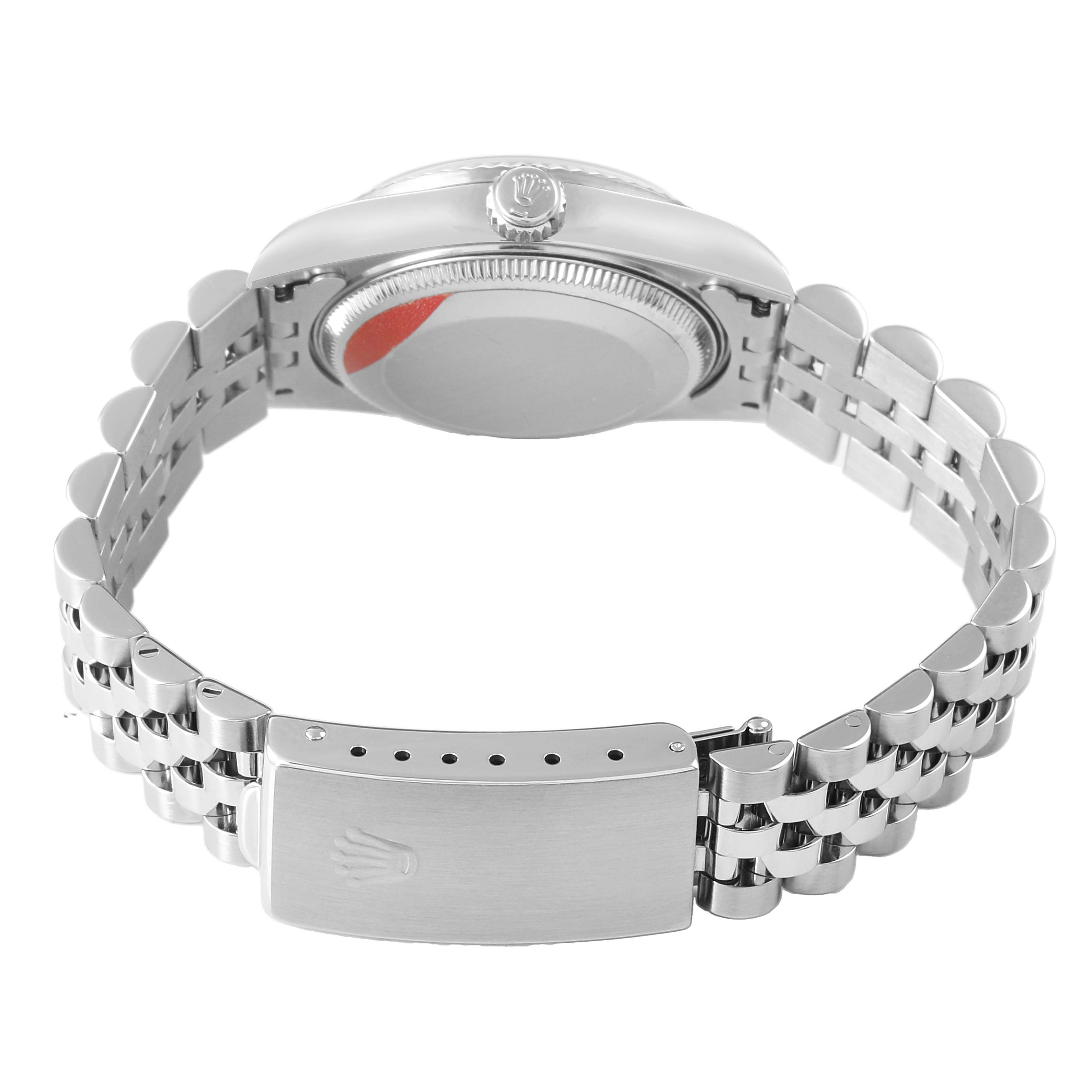 The Rolex Mid-Size 68274G Women's Steel and Gold (two tone) Silver Dial watch is shown from the back, highlighting the bracelet and clasp with the crown logo.