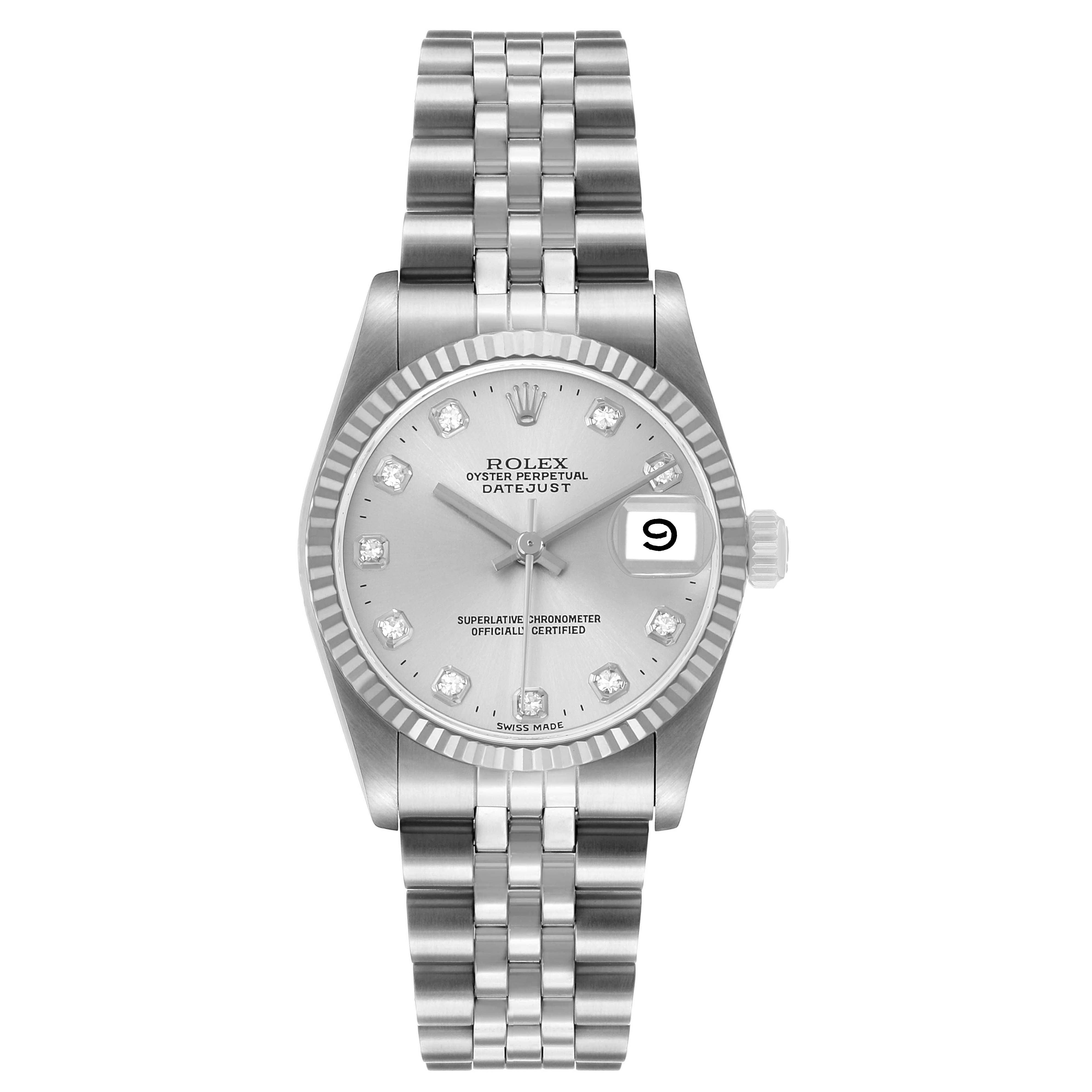 The image shows a front view of a Rolex Datejust Mid-Size watch, highlighting its bracelet, dial, and date feature.