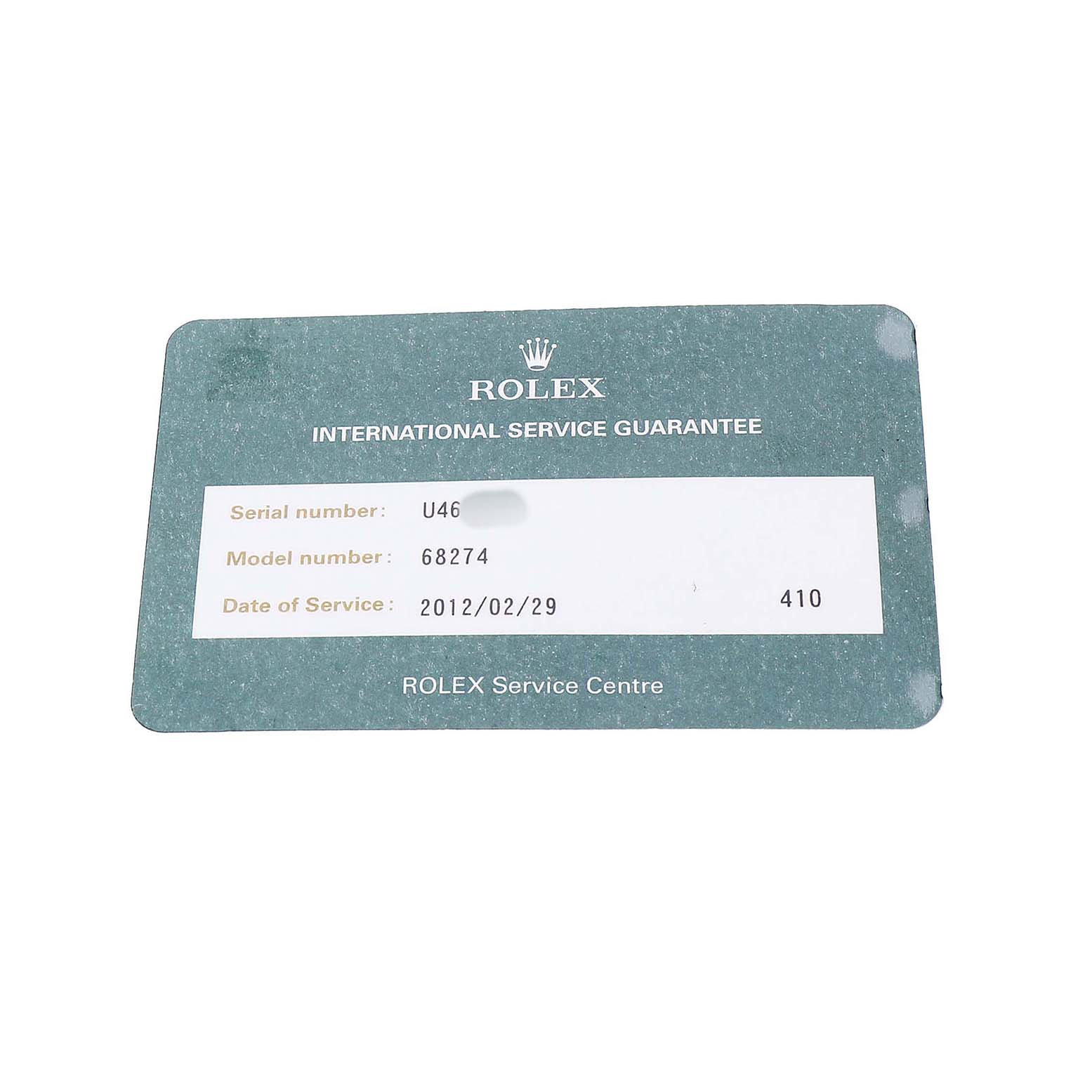The image shows a Rolex International Service Guarantee card for the Mid-Size model 68274.