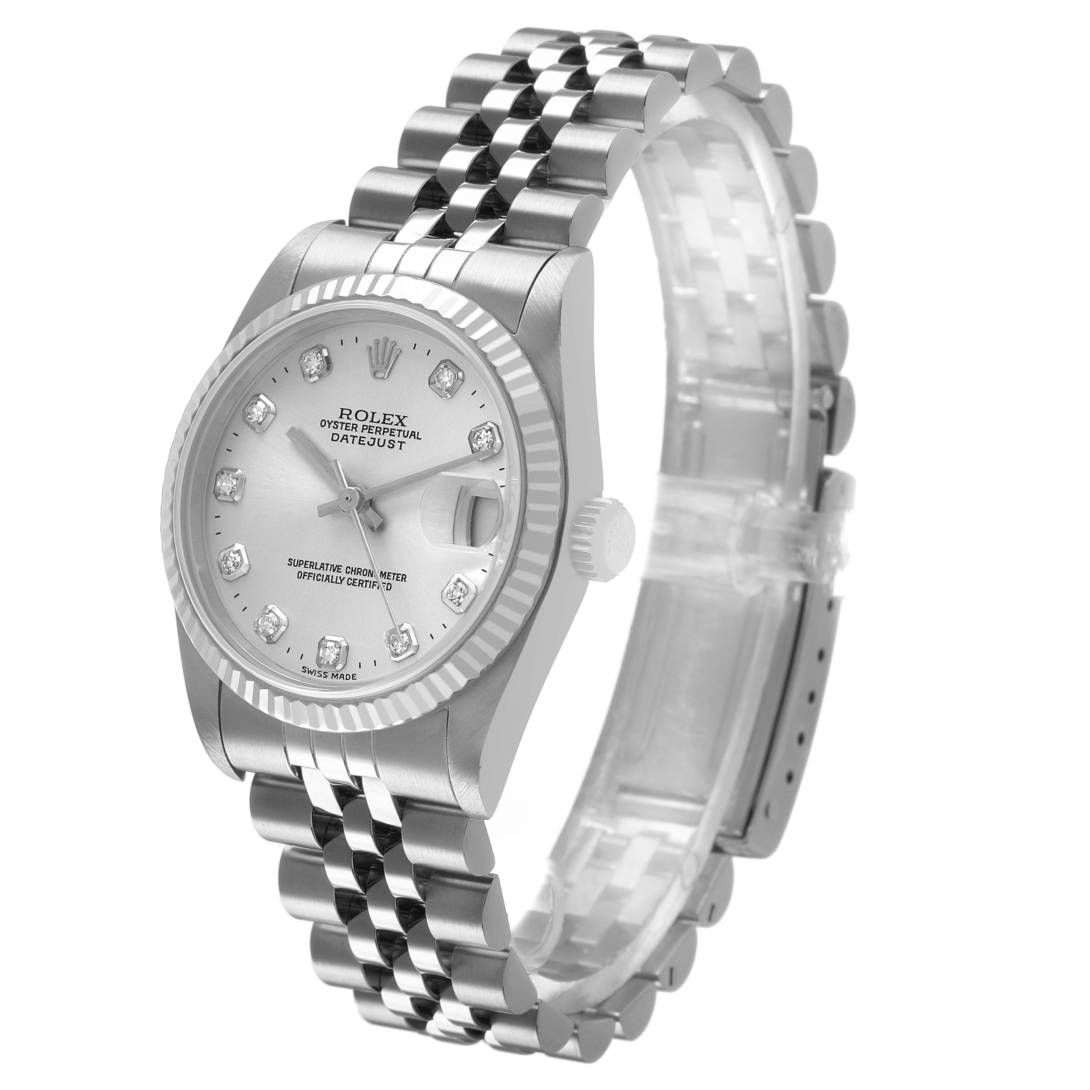 The Rolex Mid-Size 68274G Women's Steel and Gold (two tone) Silver Dial watch is shown at a three-quarter angle, displaying its face, bezel, crown, and bracelet.