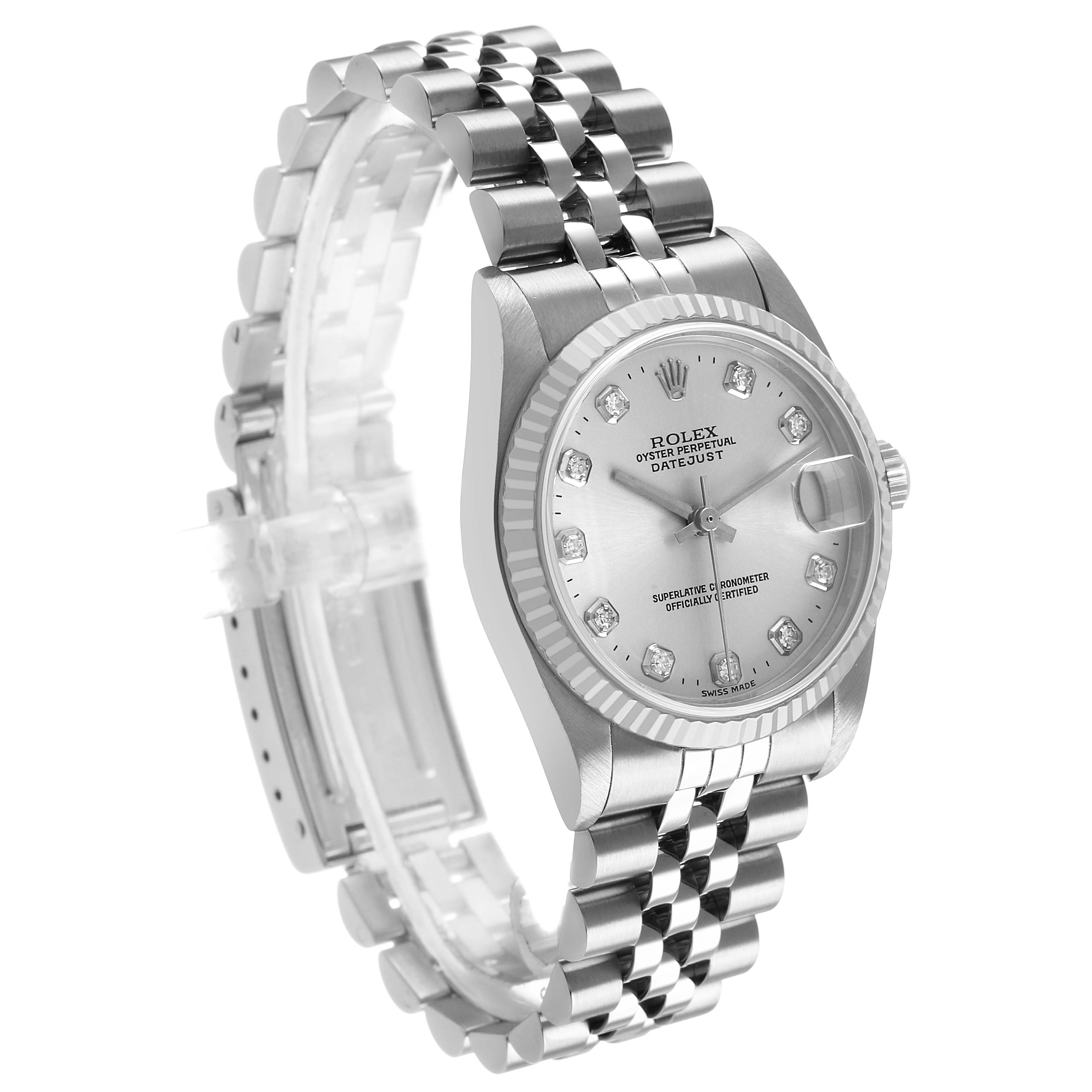 The Rolex Mid-Size 68274G Women's Steel and Gold (two tone) Silver Dial watch is shown at a three-quarter angle, displaying the face, bezel, and bracelet prominently.
