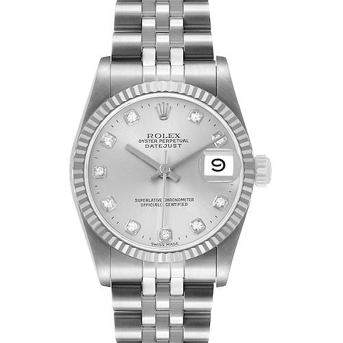 The Rolex Oyster Perpetual Datejust Mid-Size model is shown front-on, highlighting the face, bezel, crown, and bracelet.