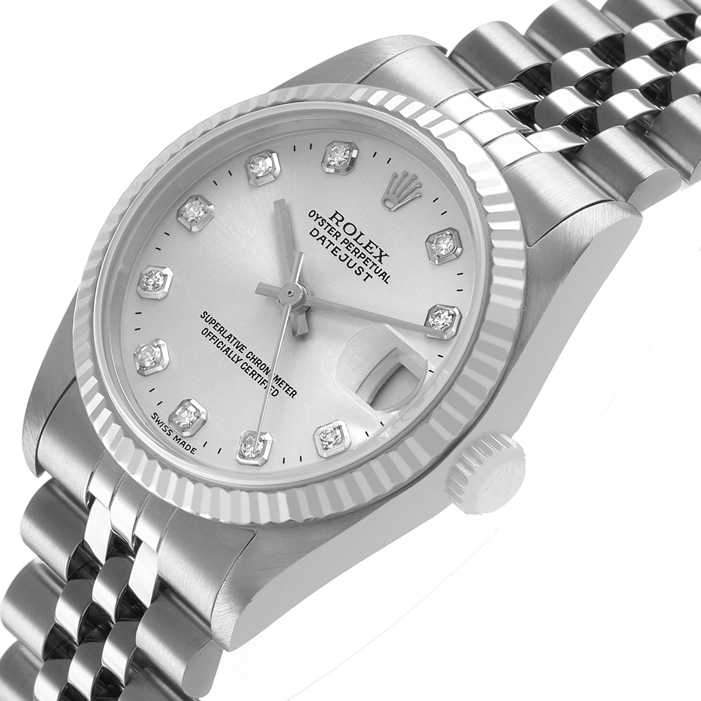 The Rolex Mid-Size 68274G Women's Steel and Gold (two tone) Silver Dial watch is shown at a tilted angle highlighting the face, bezel, crown, and part of the bracelet.