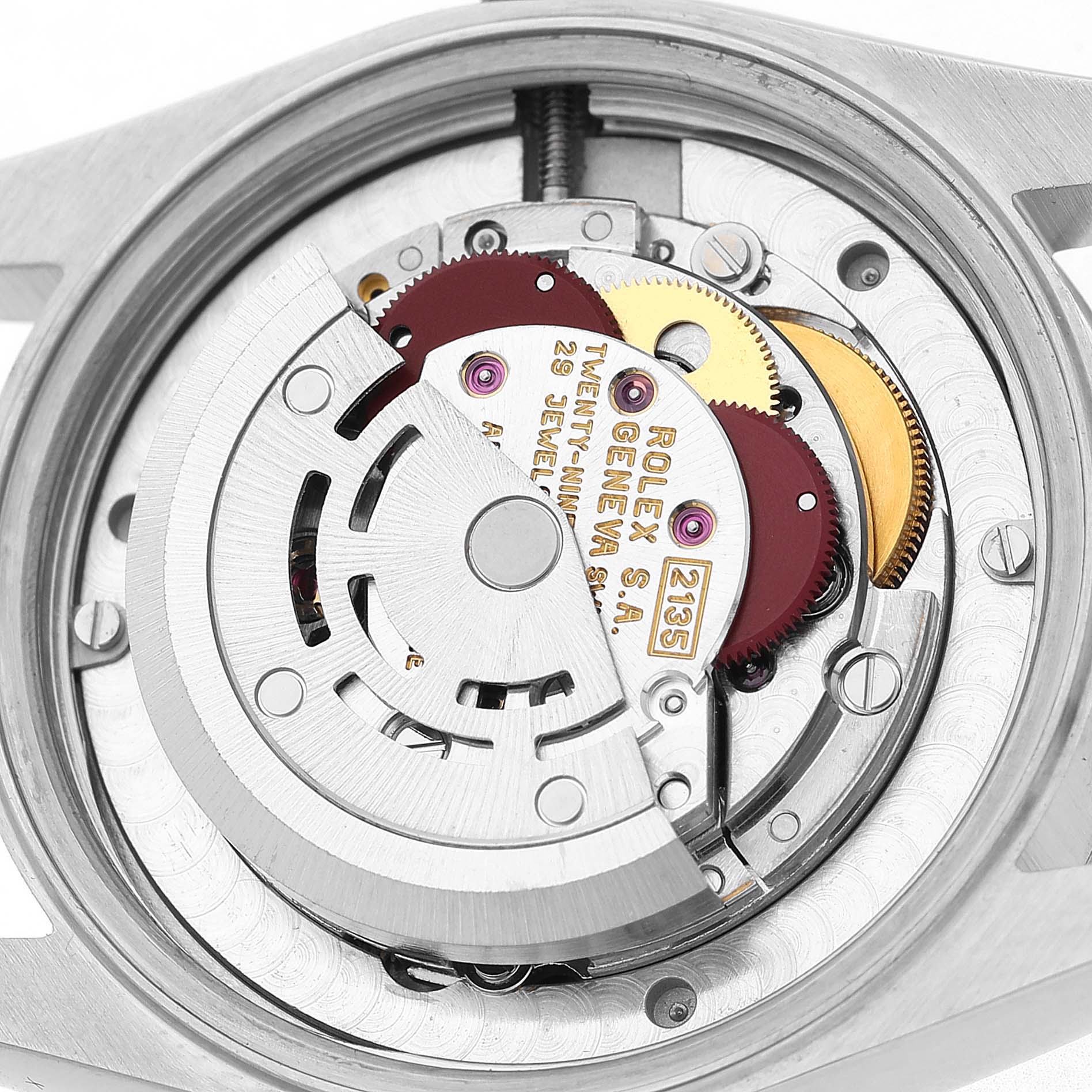 The image shows the internal movement mechanism of a Rolex Mid-Size 68274G Women's Steel and Gold (two tone) Silver Dial model, viewed from the back case angle.