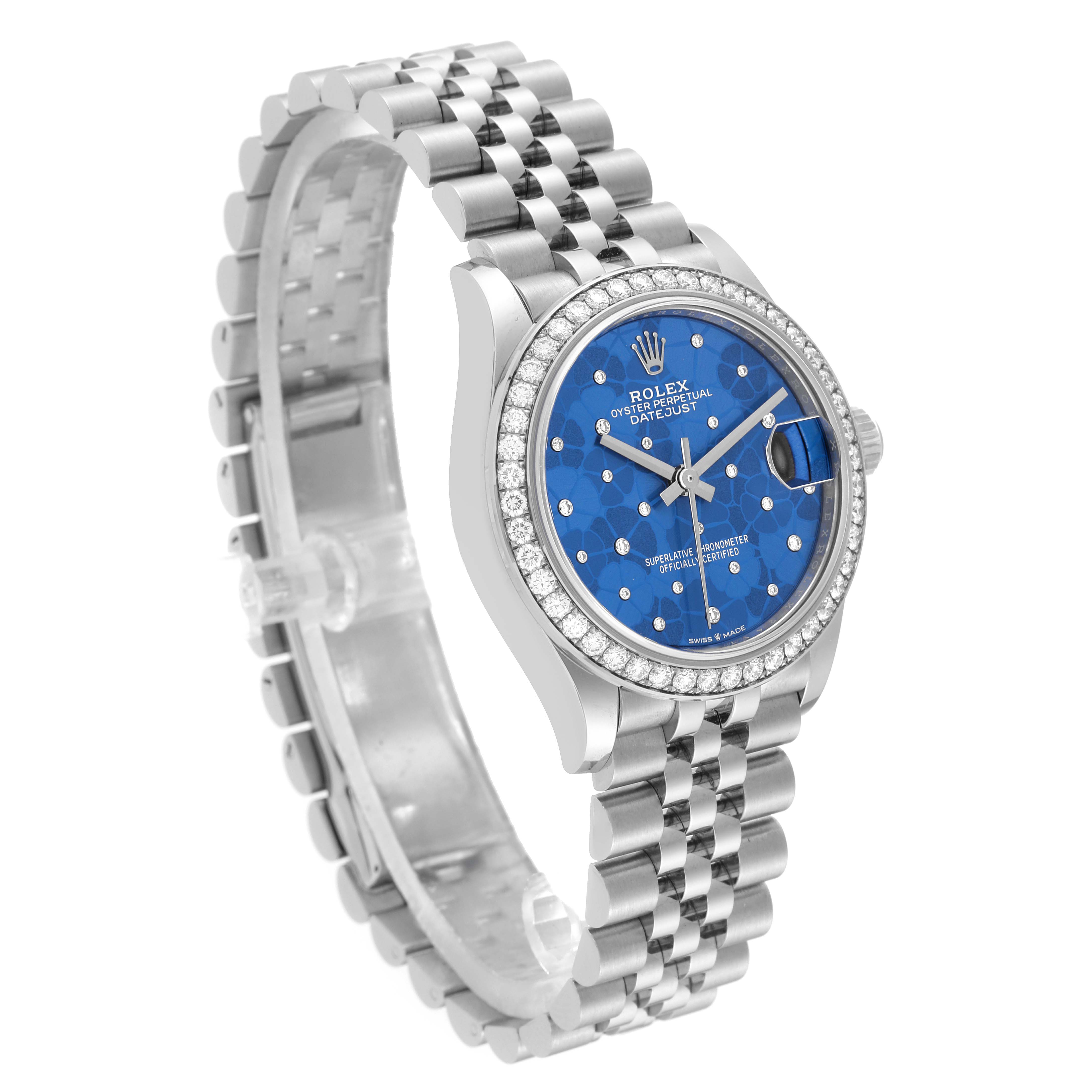 This image shows a side angle of a Rolex Mid-Size 278384 Women
s Stainless Steel Blue Dial 278384 Women
s Stainless Steel Blue Dial Oyster Perpetual Datejust, featuring its bracelet and blue dial.