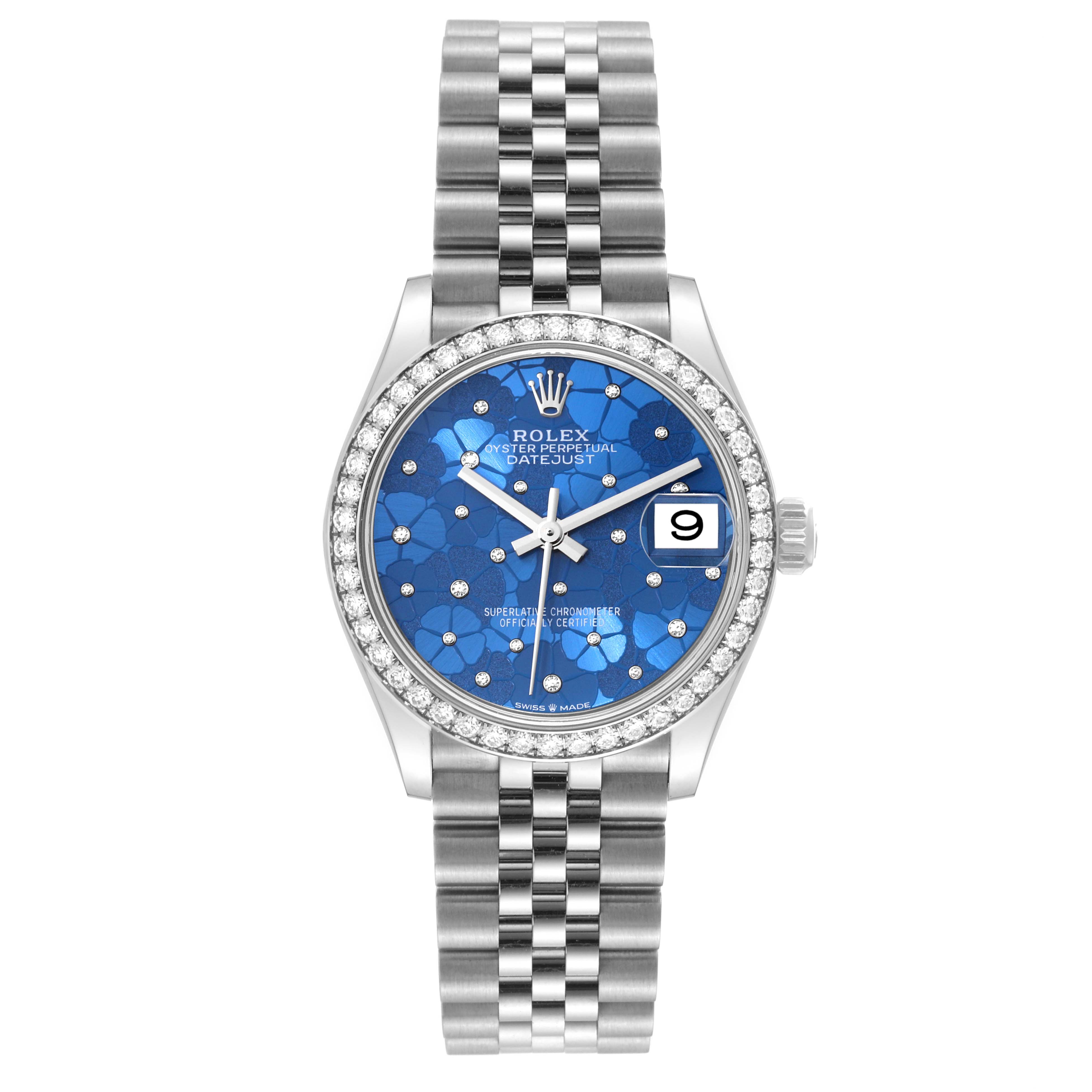 The image shows a front view of a Rolex Mid-Size 278384 Women
s Stainless Steel Blue Dial 278384 Women
s Stainless Steel Blue Dial Oyster Perpetual Datejust watch with a blue dial and silver bracelet.