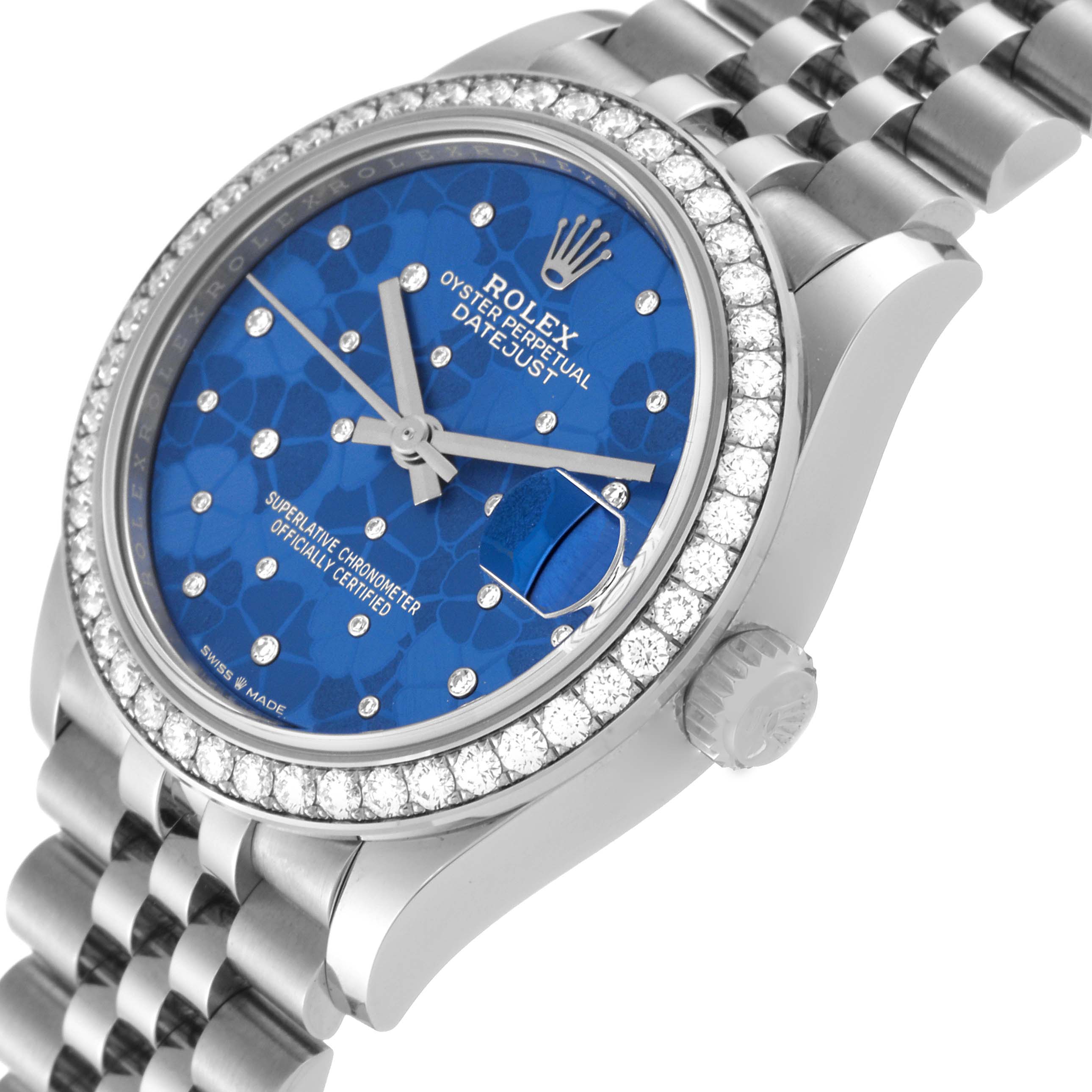 This image shows the face, bezel, crown, and part of the bracelet of a Rolex Mid-Size 278384 Women
s Stainless Steel Blue Dial 278384 Women
s Stainless Steel Blue Dial Datejust watch.