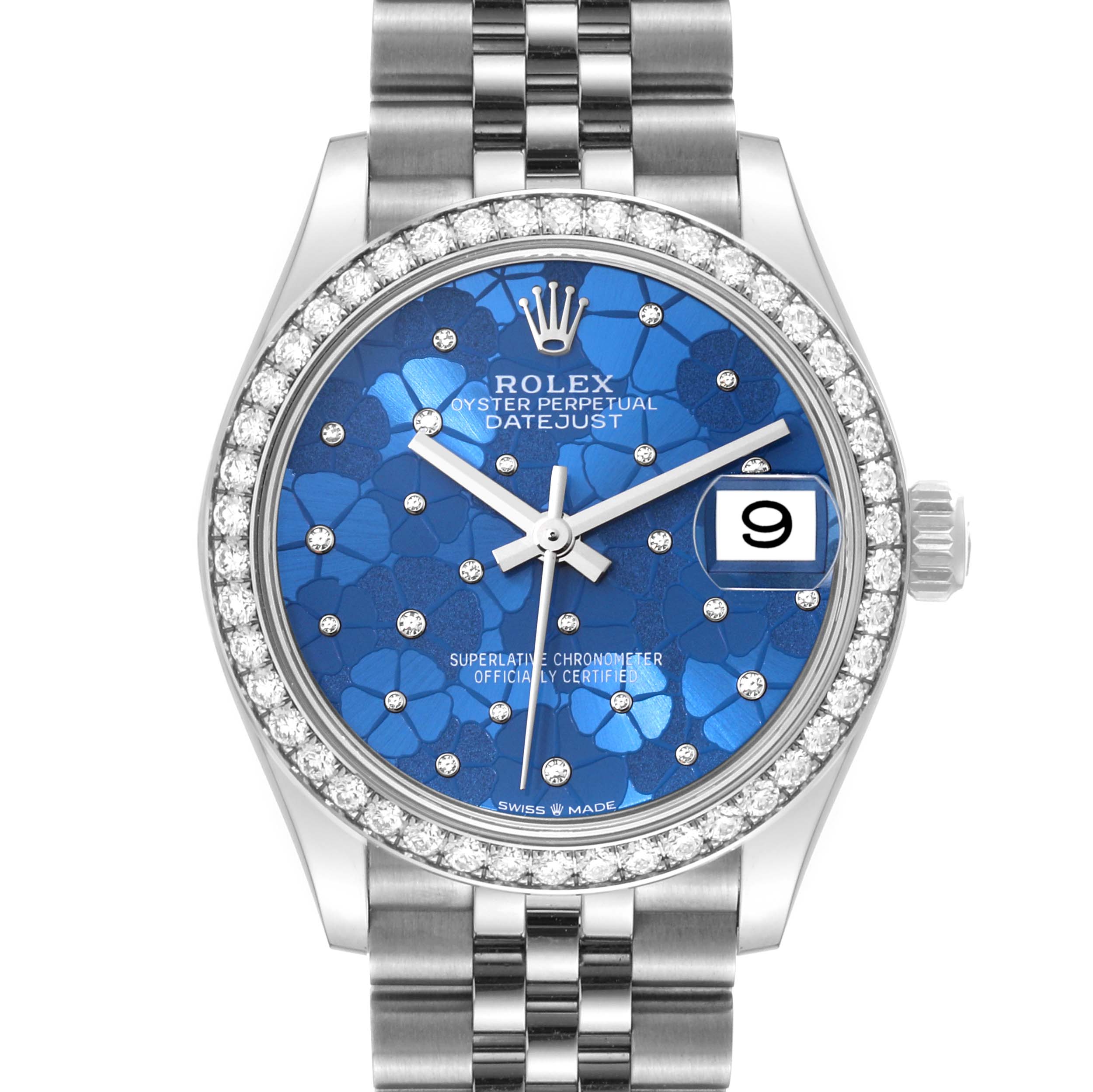 This image shows a front view of the Rolex Oyster Perpetual Datejust Mid-Size watch, highlighting its blue dial and diamond bezel.