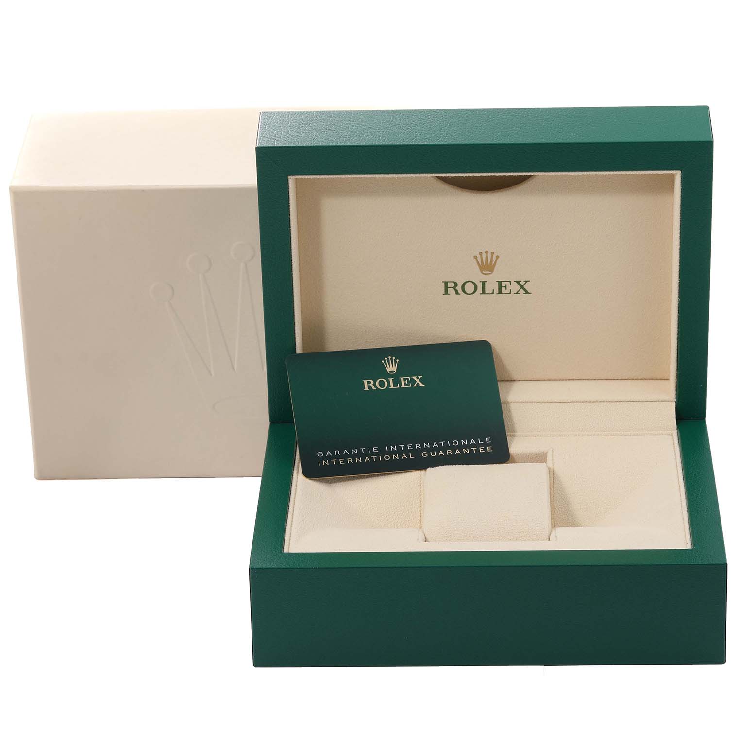 The image shows the packaging and guarantee card for a Rolex Mid-Size 278384 Women
s Stainless Steel Blue Dial 278384 Women
s Stainless Steel Blue Dial model watch, with the card placed in an open green box.