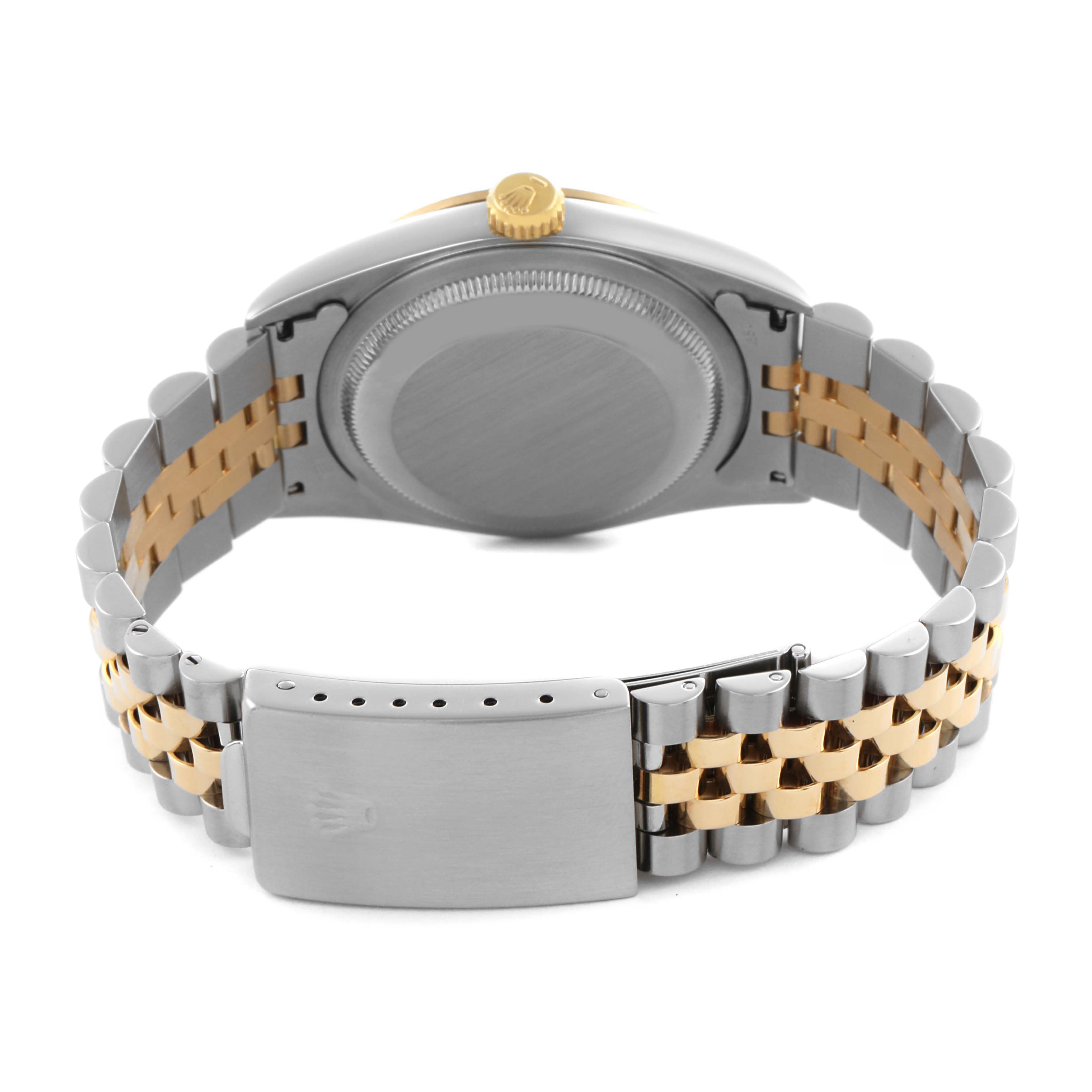 The image shows the back and the bracelet of a Rolex Datejust 16233 Men's Steel and Gold (two tone) Blue Dial 16233 Men's Steel and Gold (two tone) Blue Dial, highlighting its two-tone metal design and clasp.