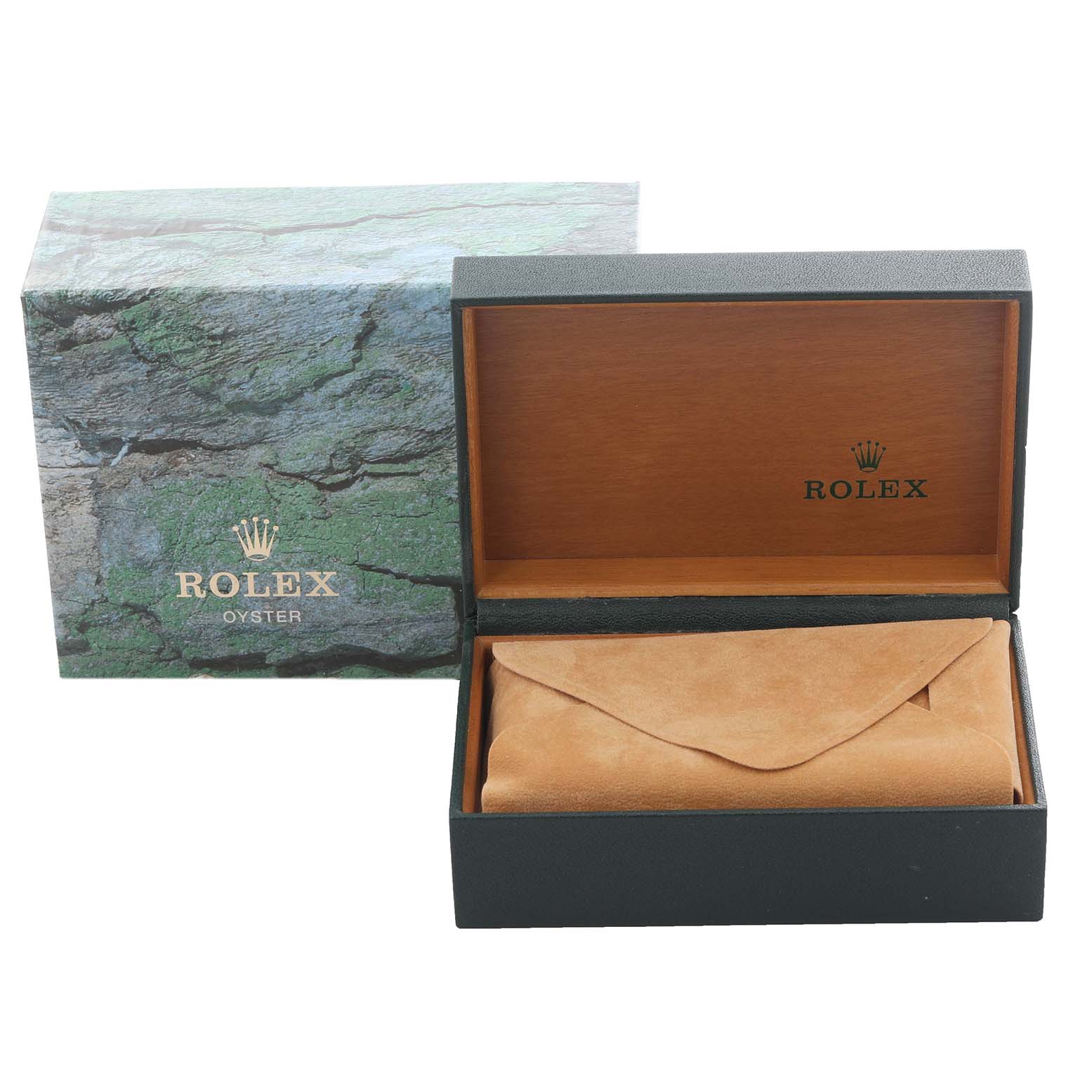 The image shows a Rolex Datejust 16233 Men's Steel and Gold (two tone) Blue Dial 16233 Men's Steel and Gold (two tone) Blue Dial watch box and suede pouch, viewed from the front with the box open.