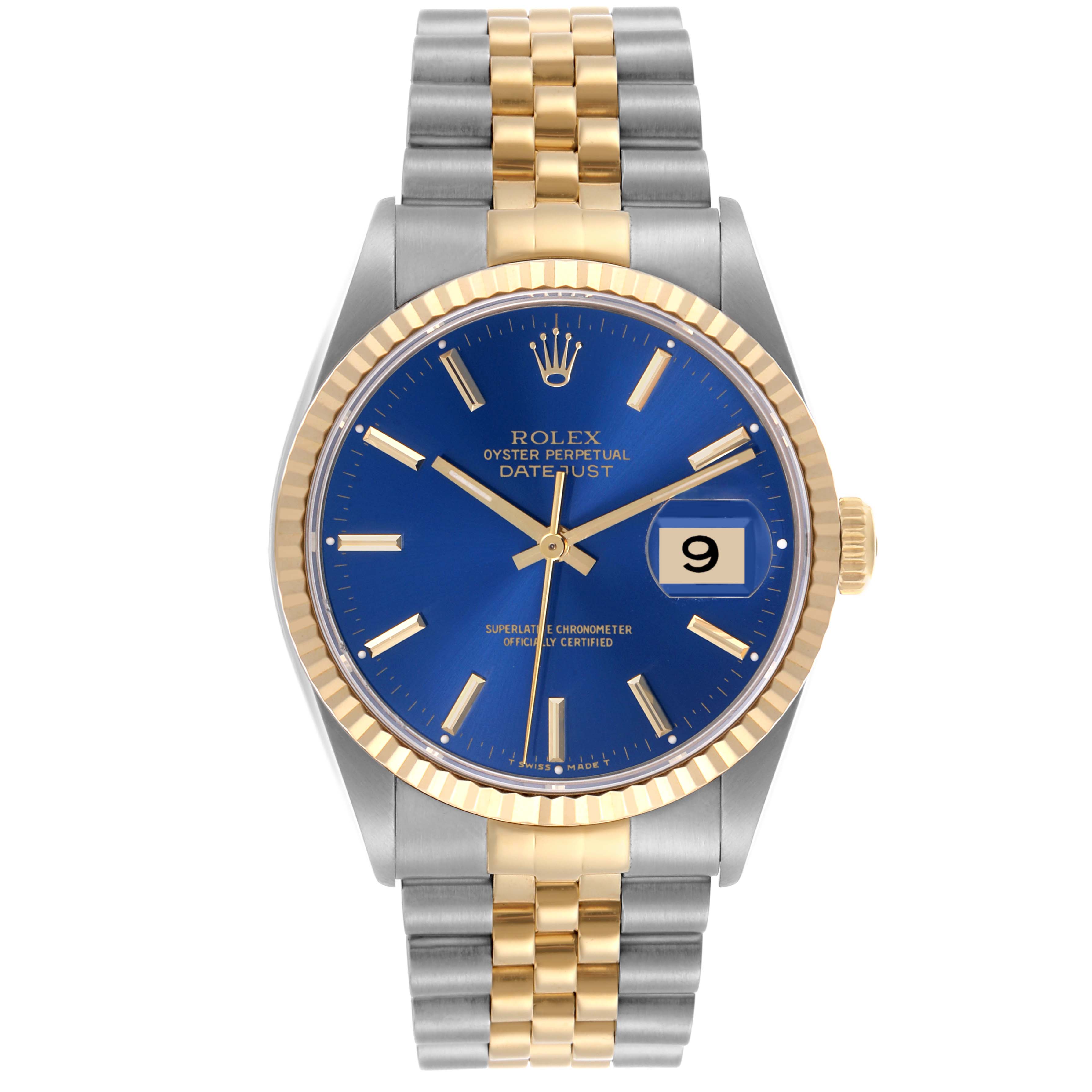 The Rolex Datejust 16233 Men's Steel and Gold (two tone) Blue Dial 16233 Men's Steel and Gold (two tone) Blue Dial watch is shown from a straight-on angle, displaying the dial, bezel, crown, and bracelet.