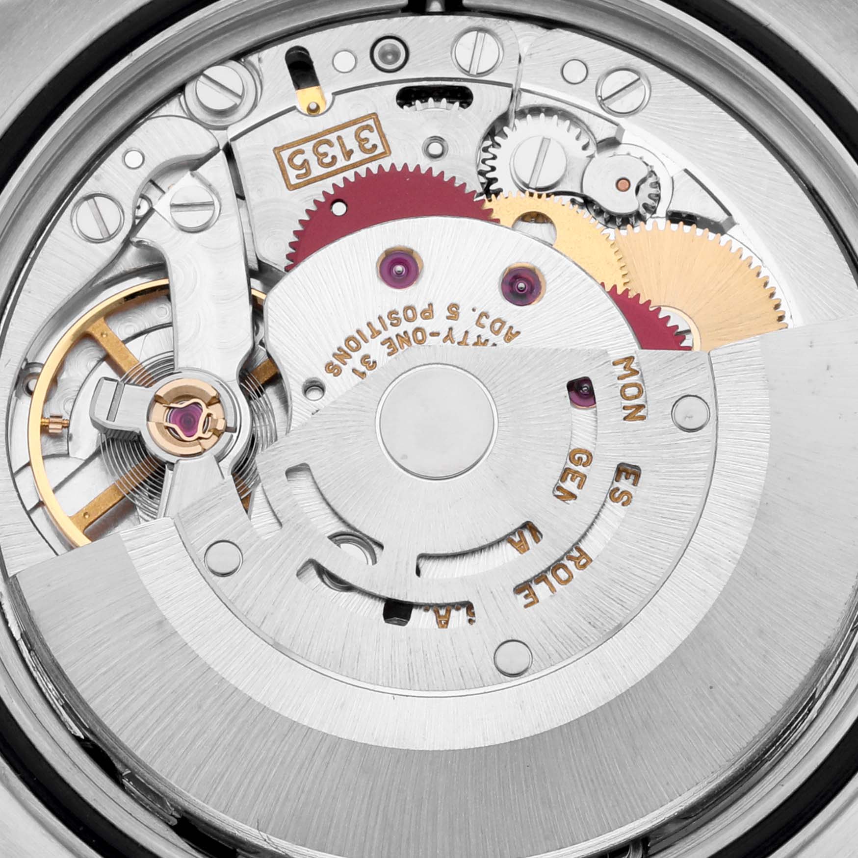 The image shows the intricate movement mechanism of a Rolex Datejust 16233 Men's Steel and Gold (two tone) Blue Dial 16233 Men's Steel and Gold (two tone) Blue Dial watch from a top-down angle, highlighting gears and intricate components.