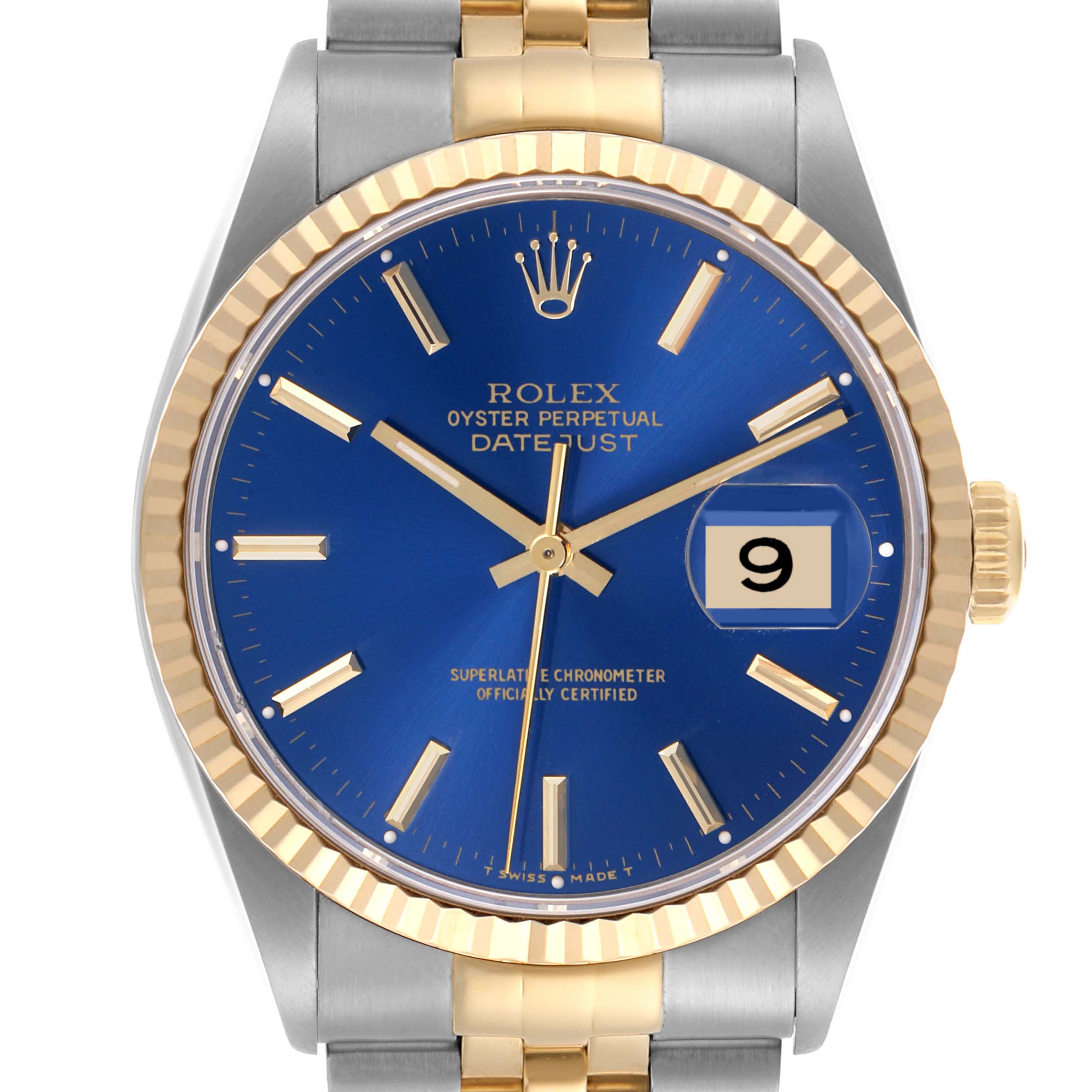The Rolex Datejust 16233 Men's Steel and Gold (two tone) Blue Dial 16233 Men's Steel and Gold (two tone) Blue Dial watch is shown from a front angle, highlighting its blue dial, gold fluted bezel, and two-tone bracelet.