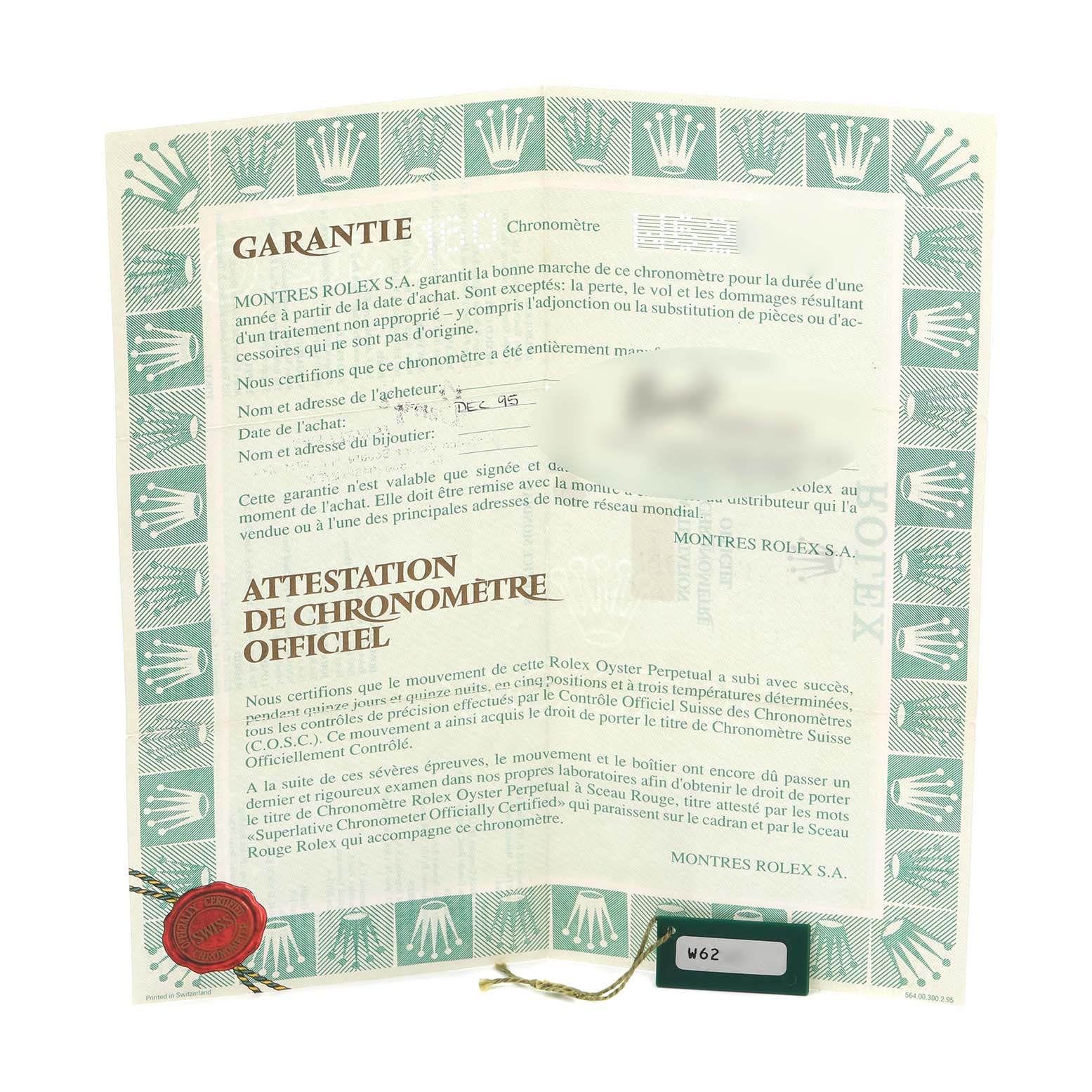 The image shows a Rolex Datejust 16203 Men's Steel and Gold (two tone) Champagne Dial 16203 Men's Steel and Gold (two tone) Champagne Dial warranty and chronometer certification document.