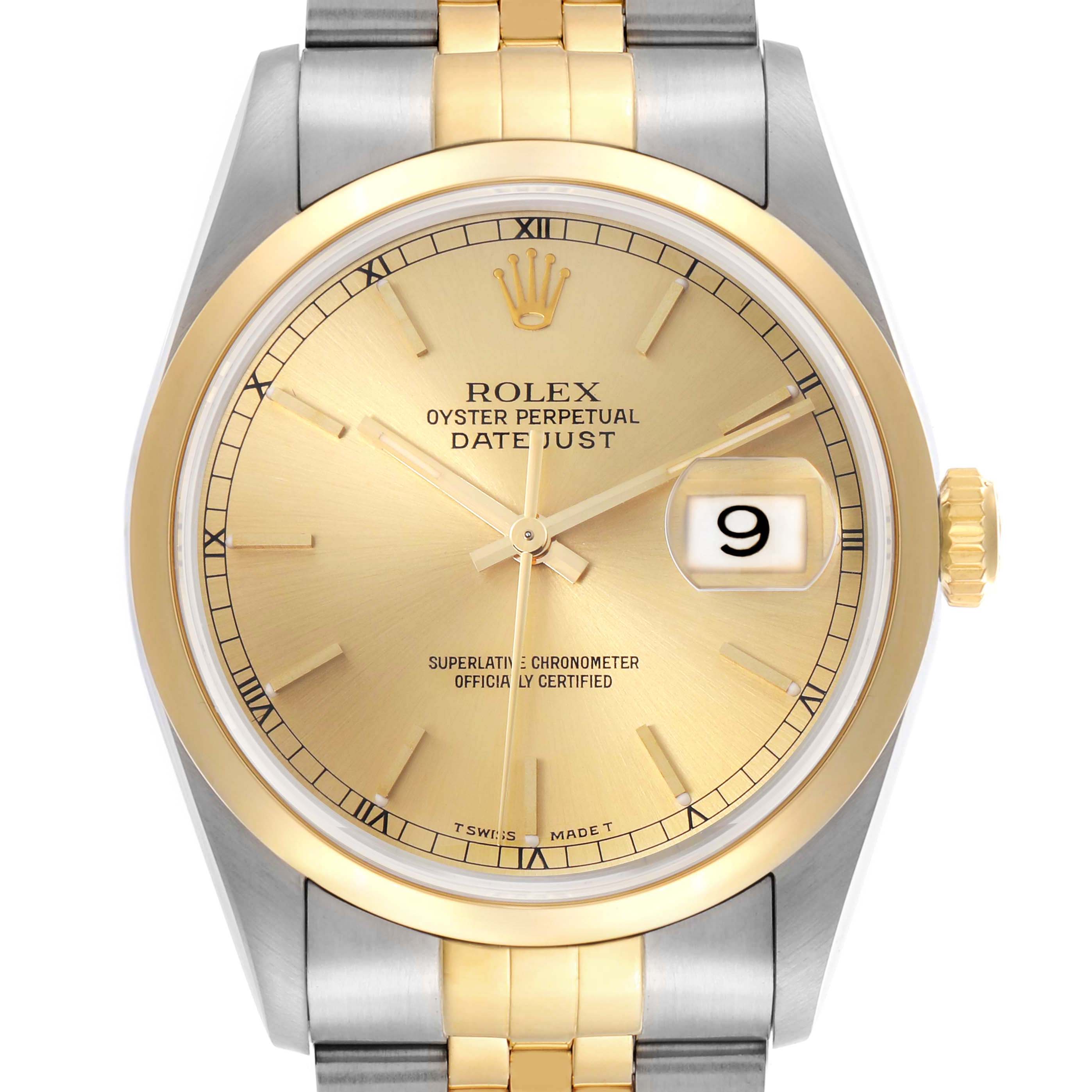 The Rolex Datejust 16203 Men's Steel and Gold (two tone) Champagne Dial 16203 Men's Steel and Gold (two tone) Champagne Dial watch is shown from the front, displaying the dial, hands, date window, bezel, and part of the bracelet.